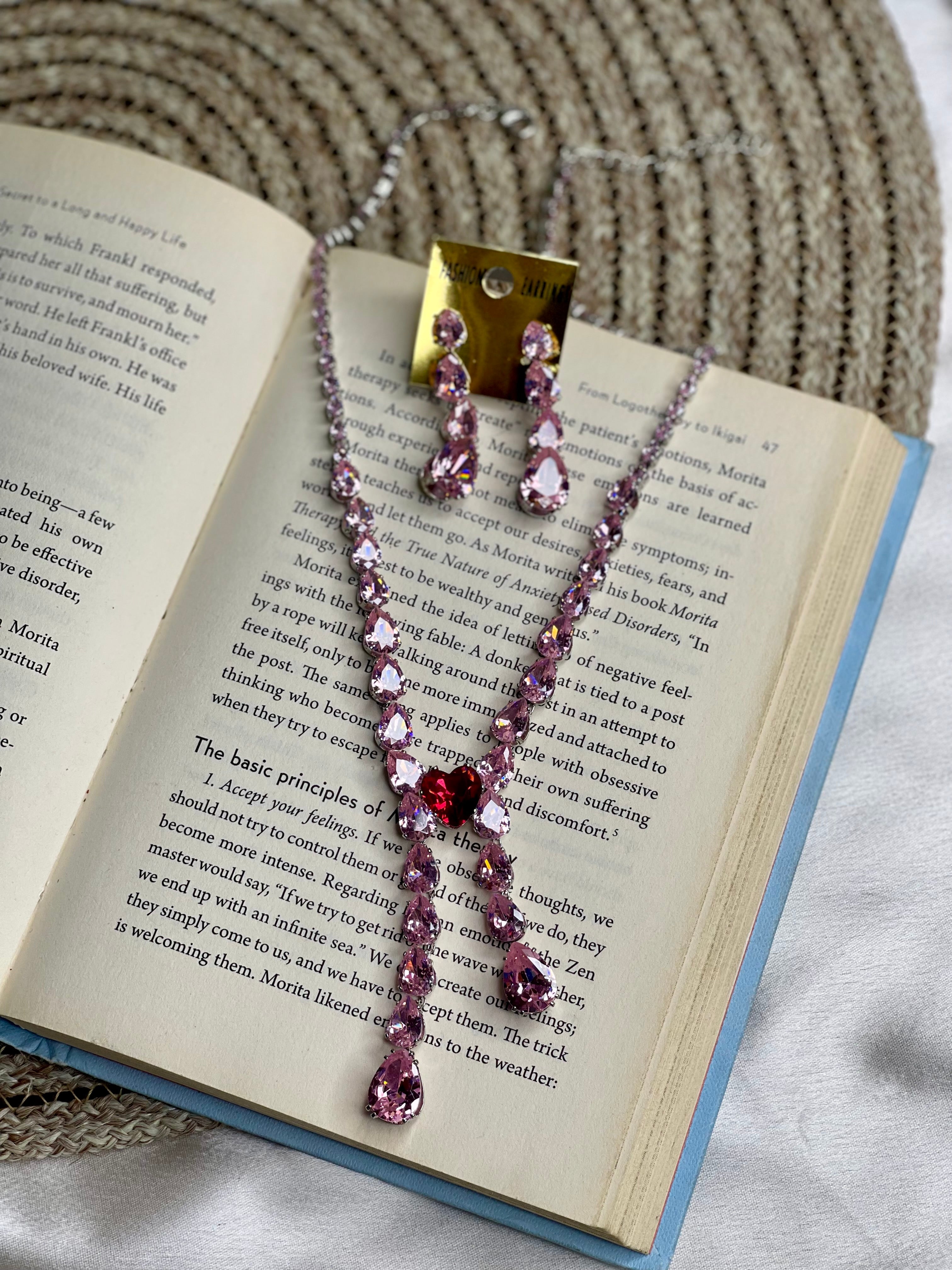 Pink Crystal Heart Necklace Set