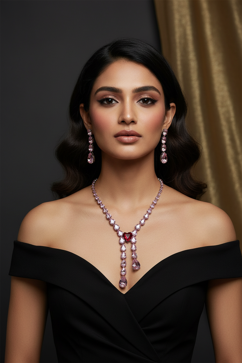 Pink Crystal Heart Necklace Set