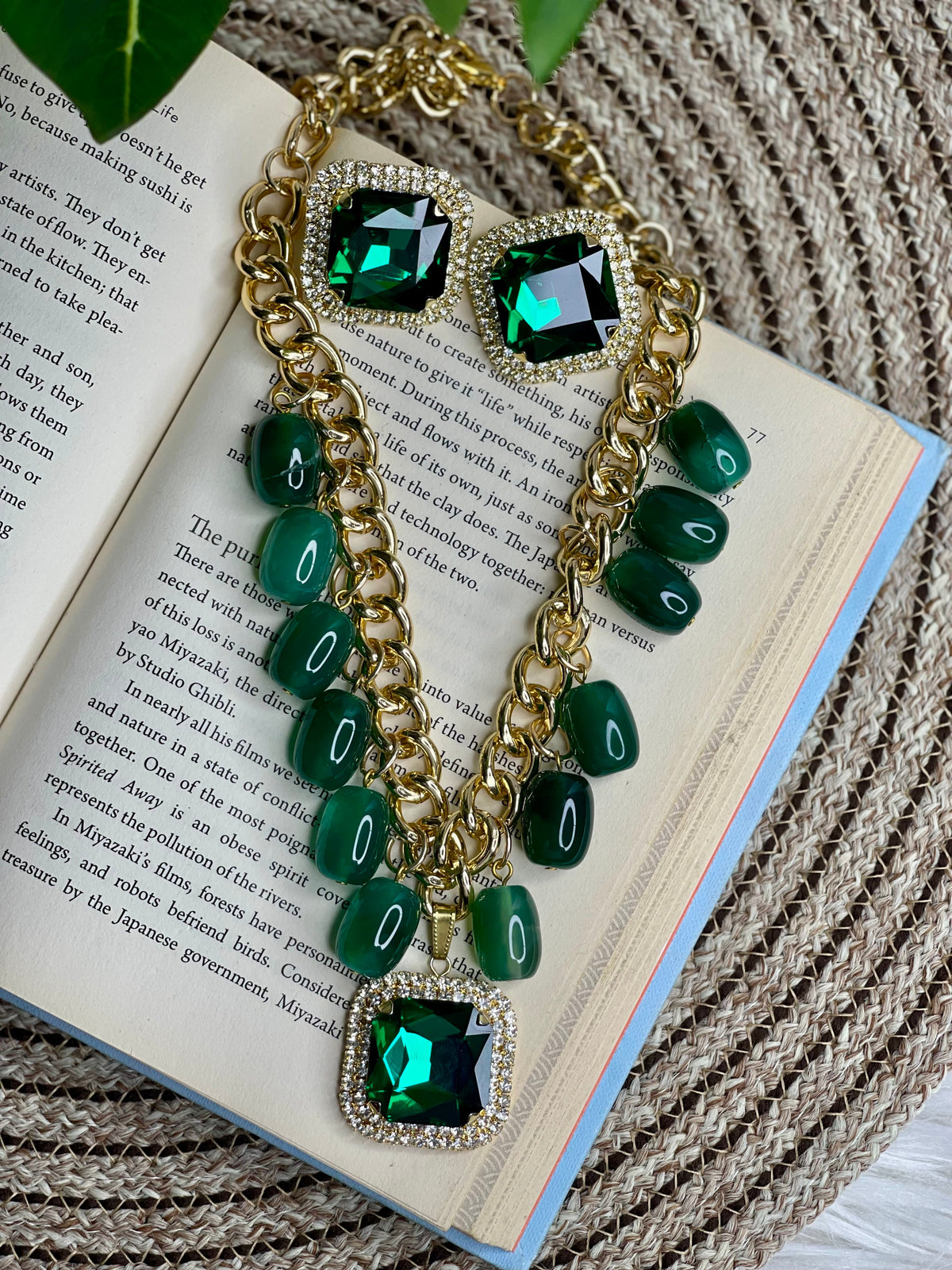 Emerald Green Statement Necklace Set With Earrings