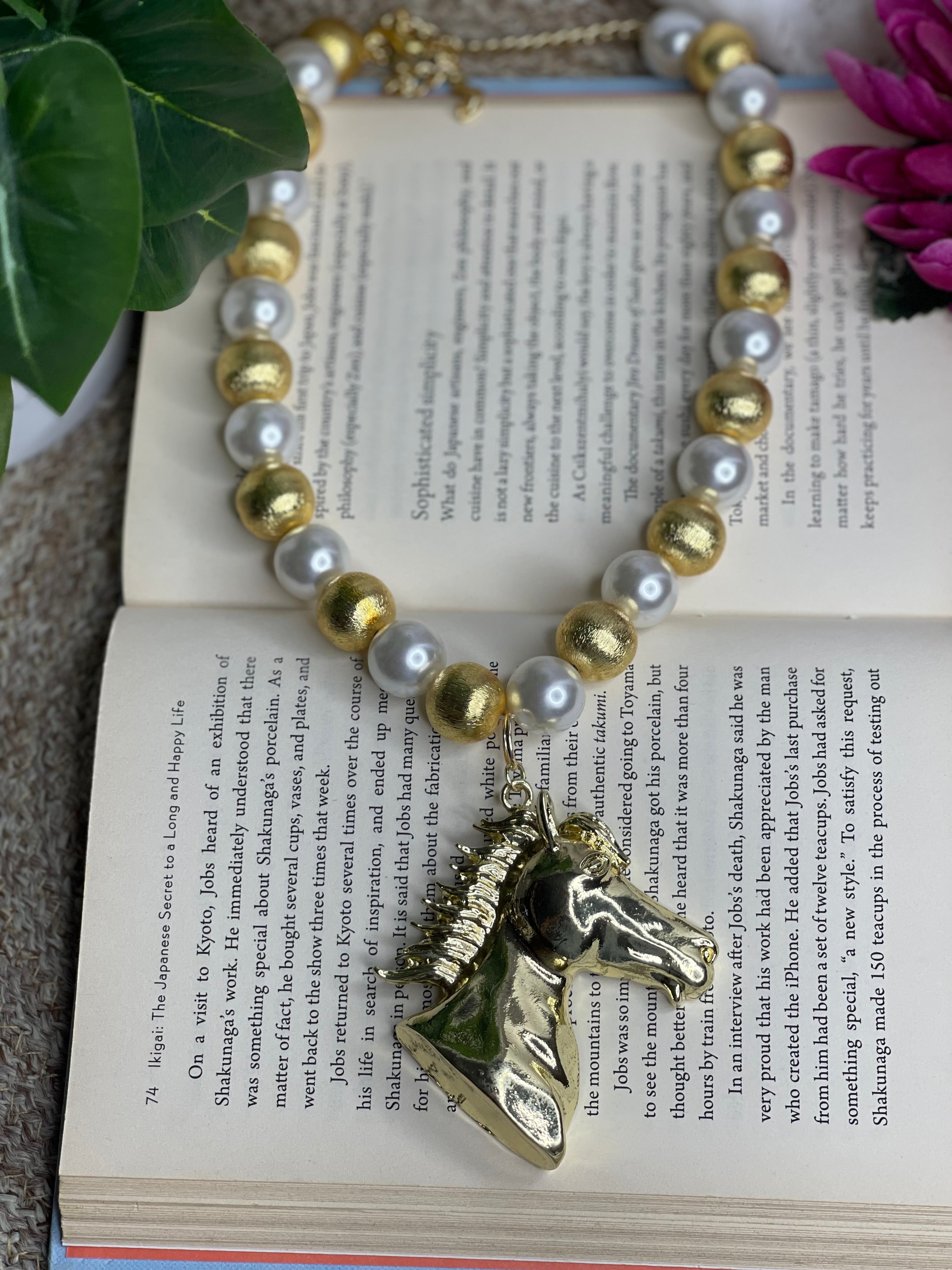Golden Horse Pendant Pearl Necklace