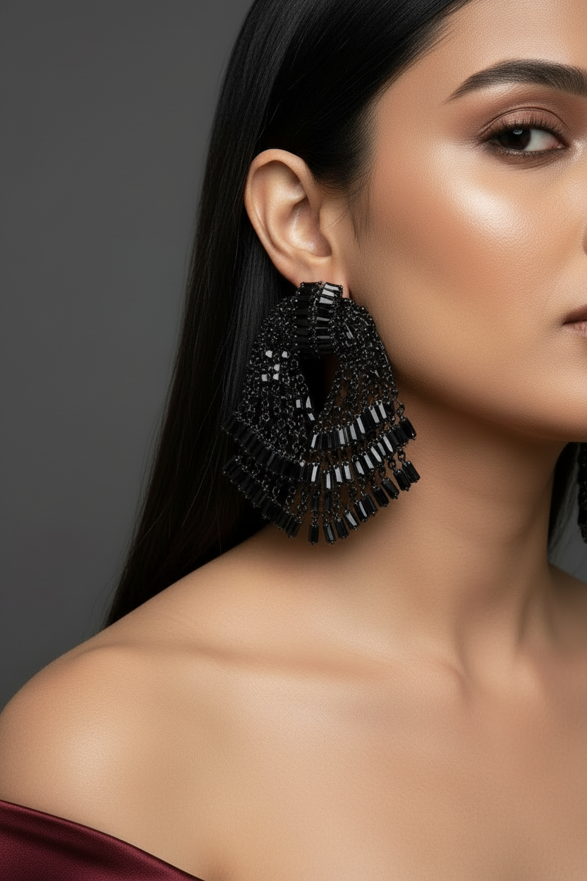 Black Sapphire Fan Statement Earrings
