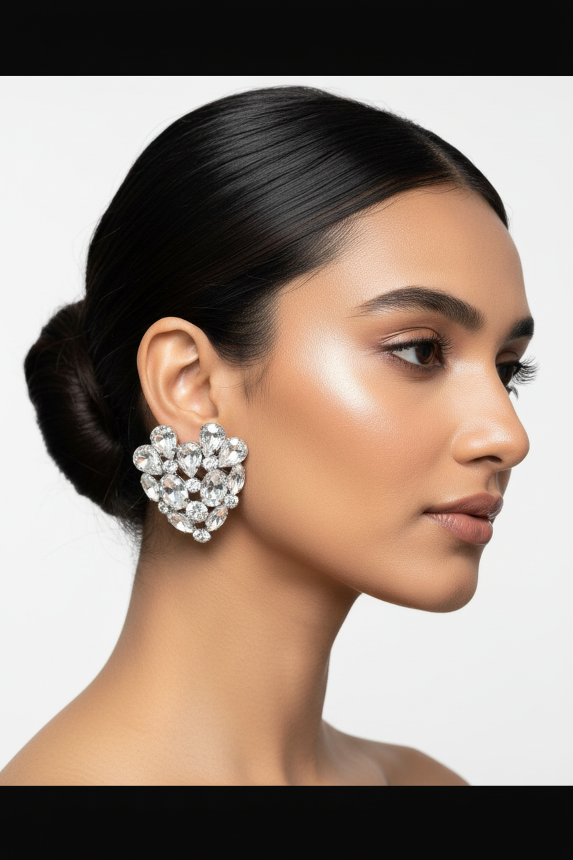 Silver Heart Crystal Statement Earrings
