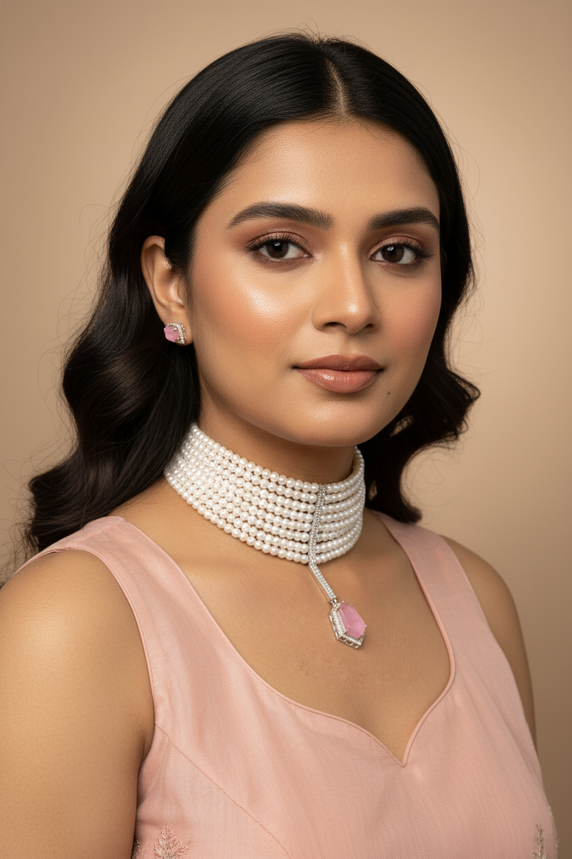 Pink Multi-Layer Pearl Drop Necklace Set