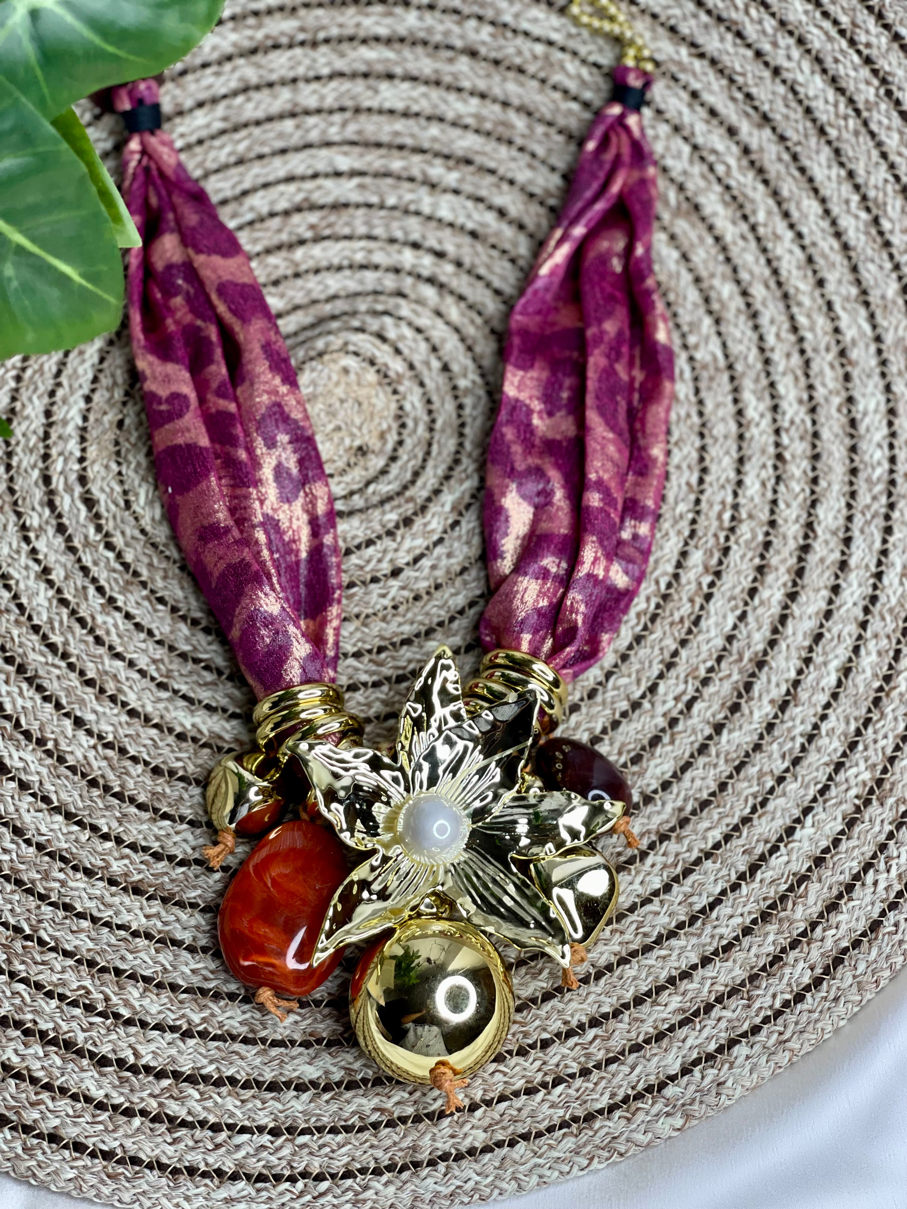 Pink Floral Scarf Long Necklace