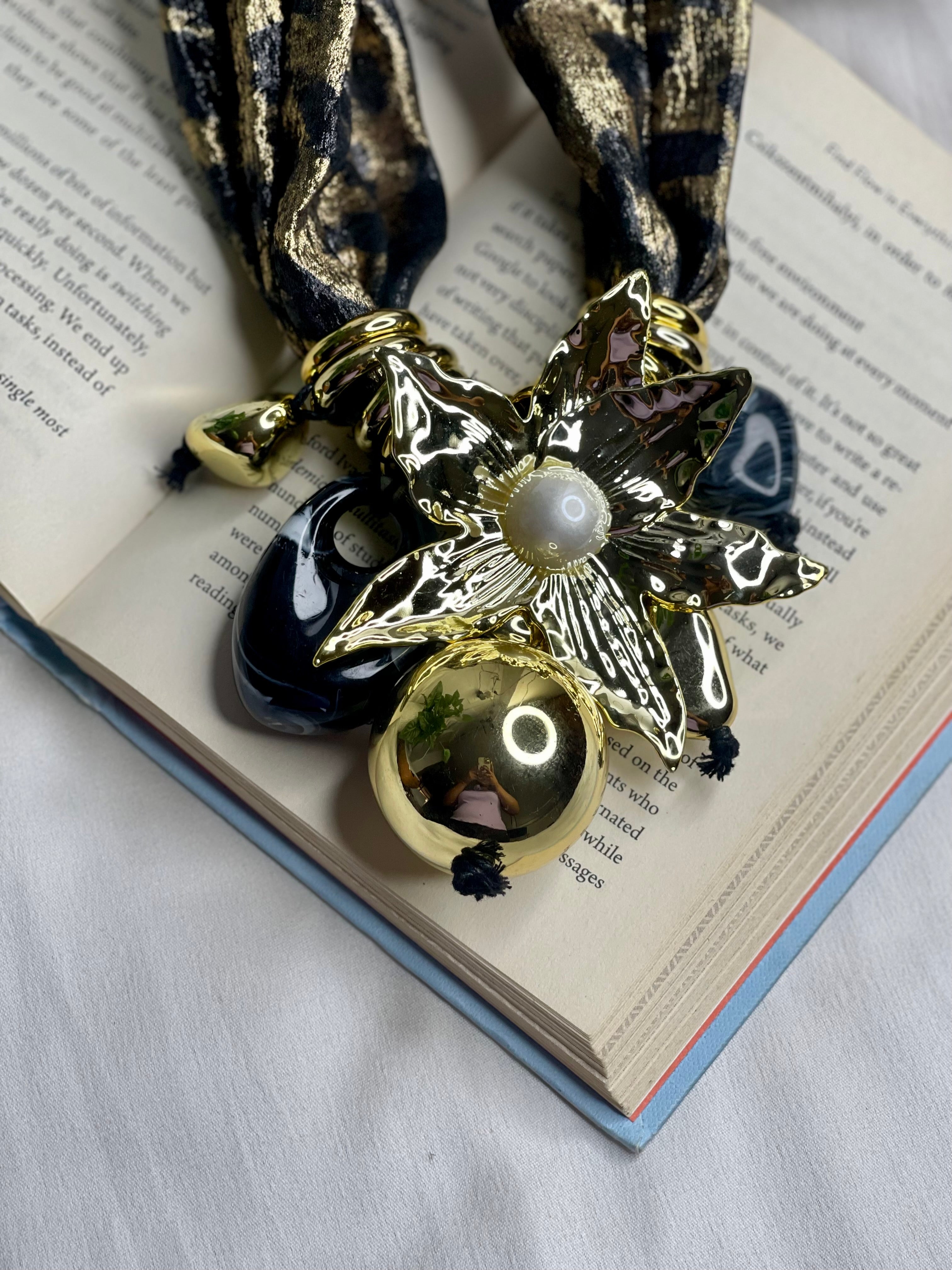 Black Floral Scarf Long Neckpiece