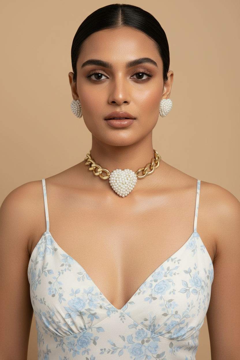 Pearl Heart Choker With Earrings