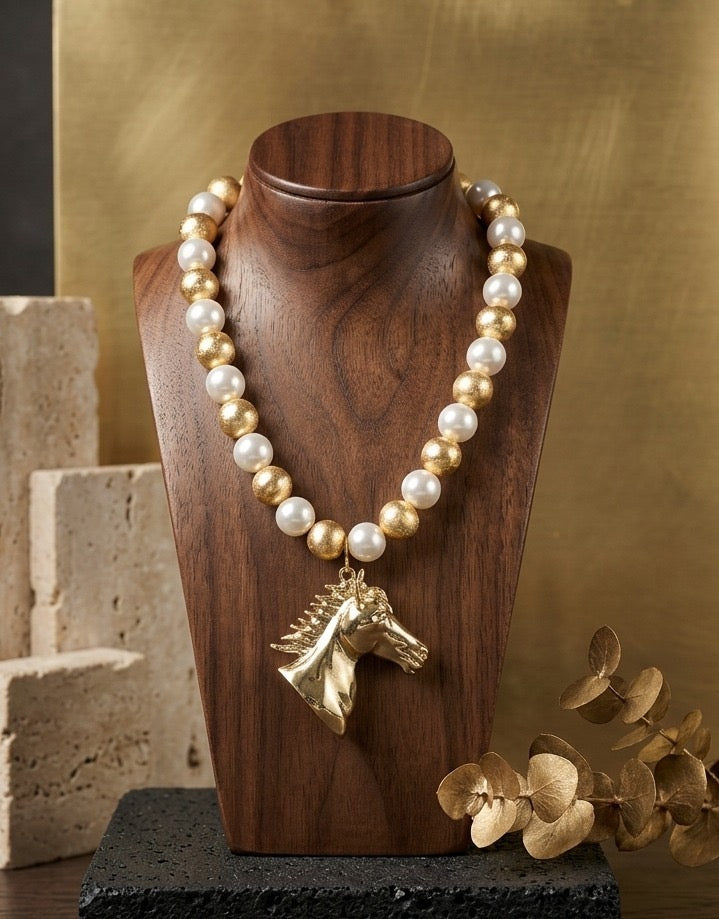 Golden Horse Pendant Pearl Necklace