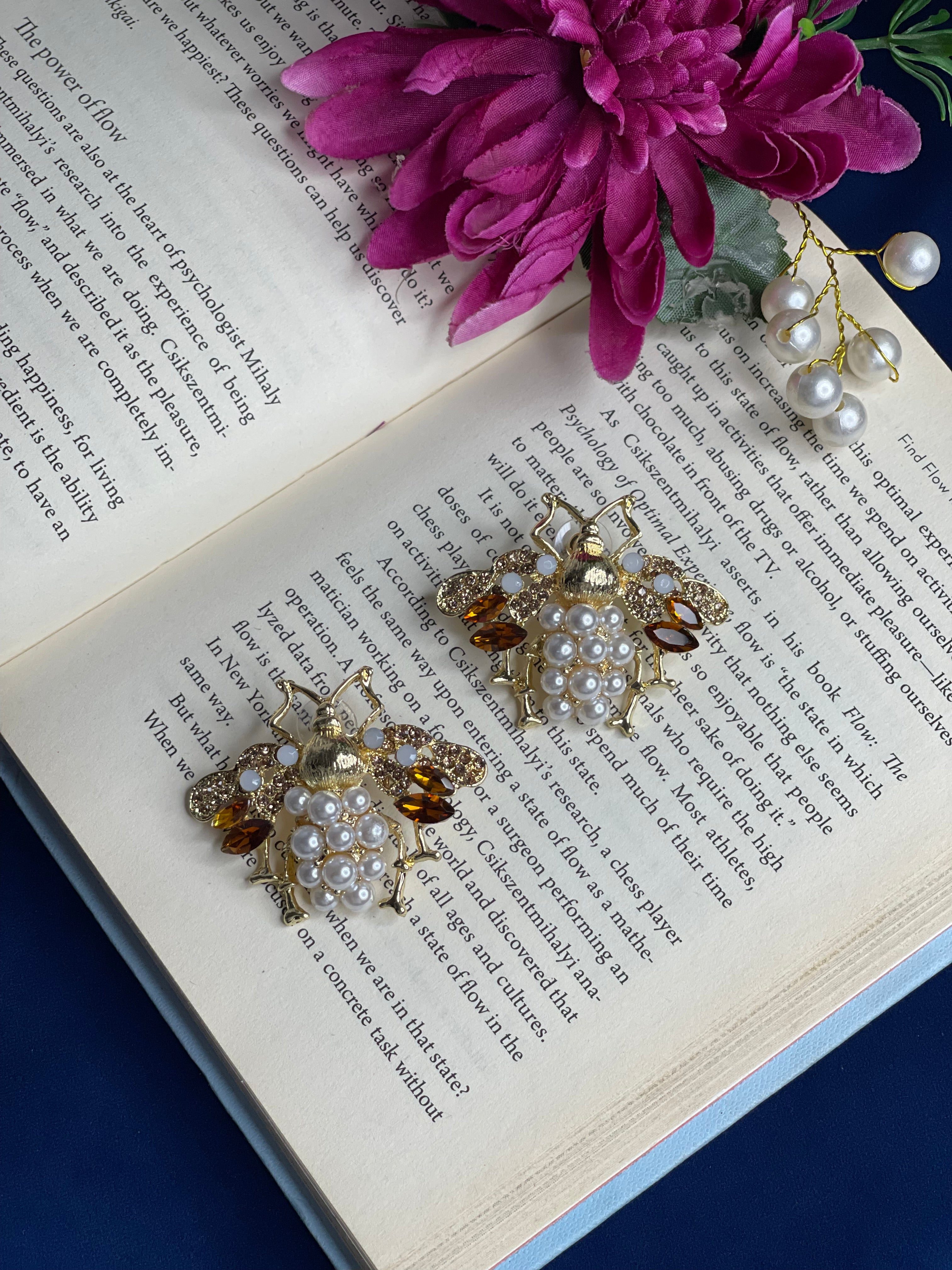 Orange Pearl Bee Earrings