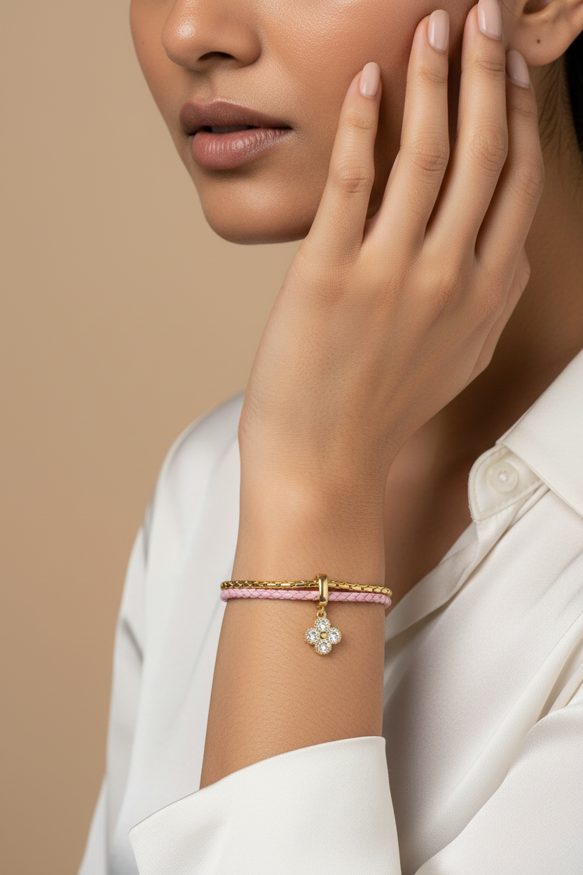 Blush Pink Leather Charm Bracelet