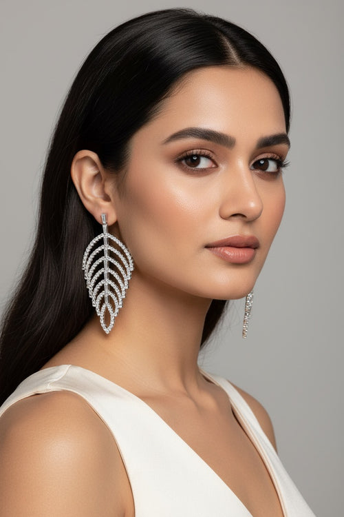 Crystal Leaf Silver Earrings