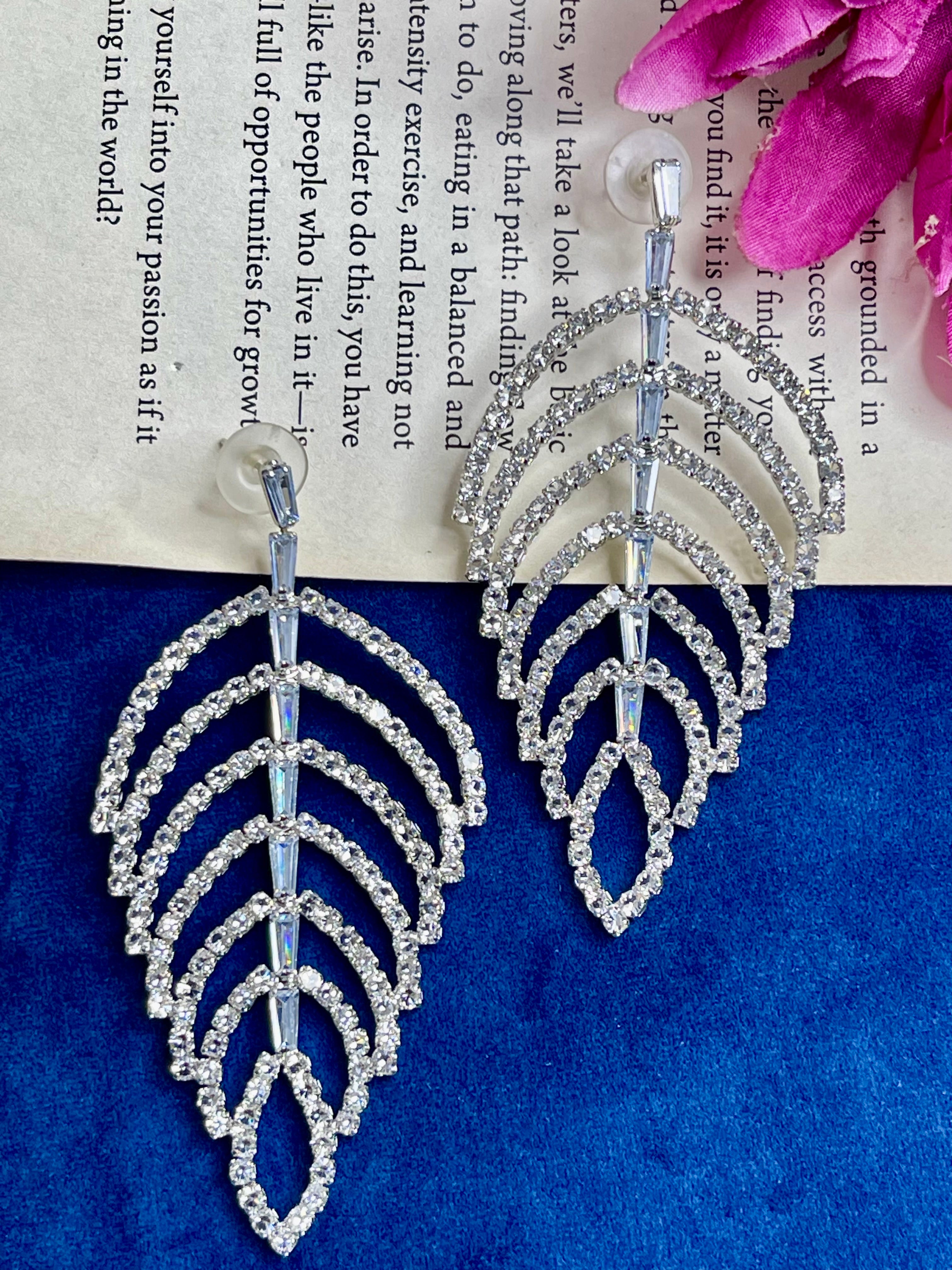 Crystal Leaf Silver Earrings