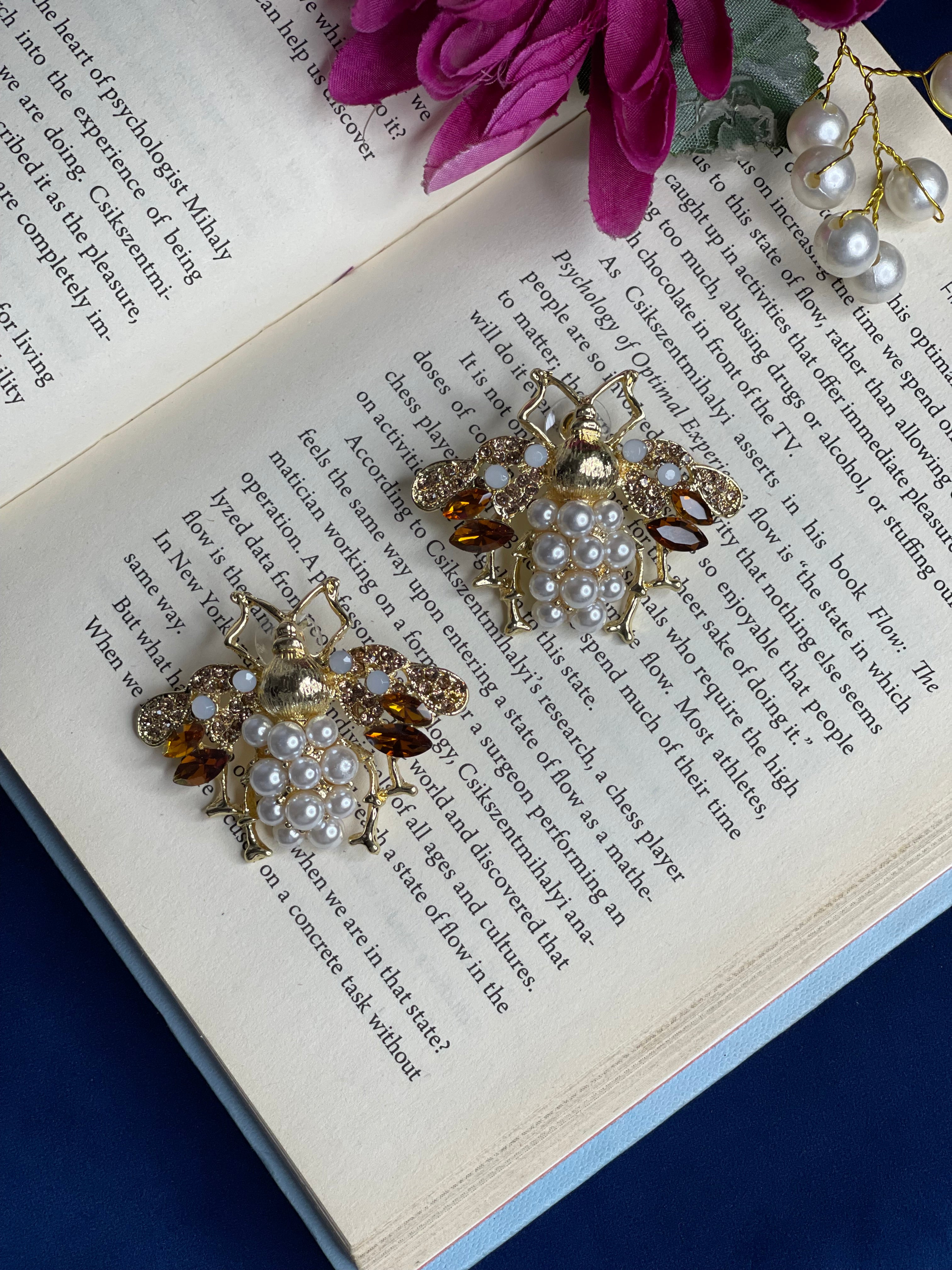 Orange Pearl Bee Earrings
