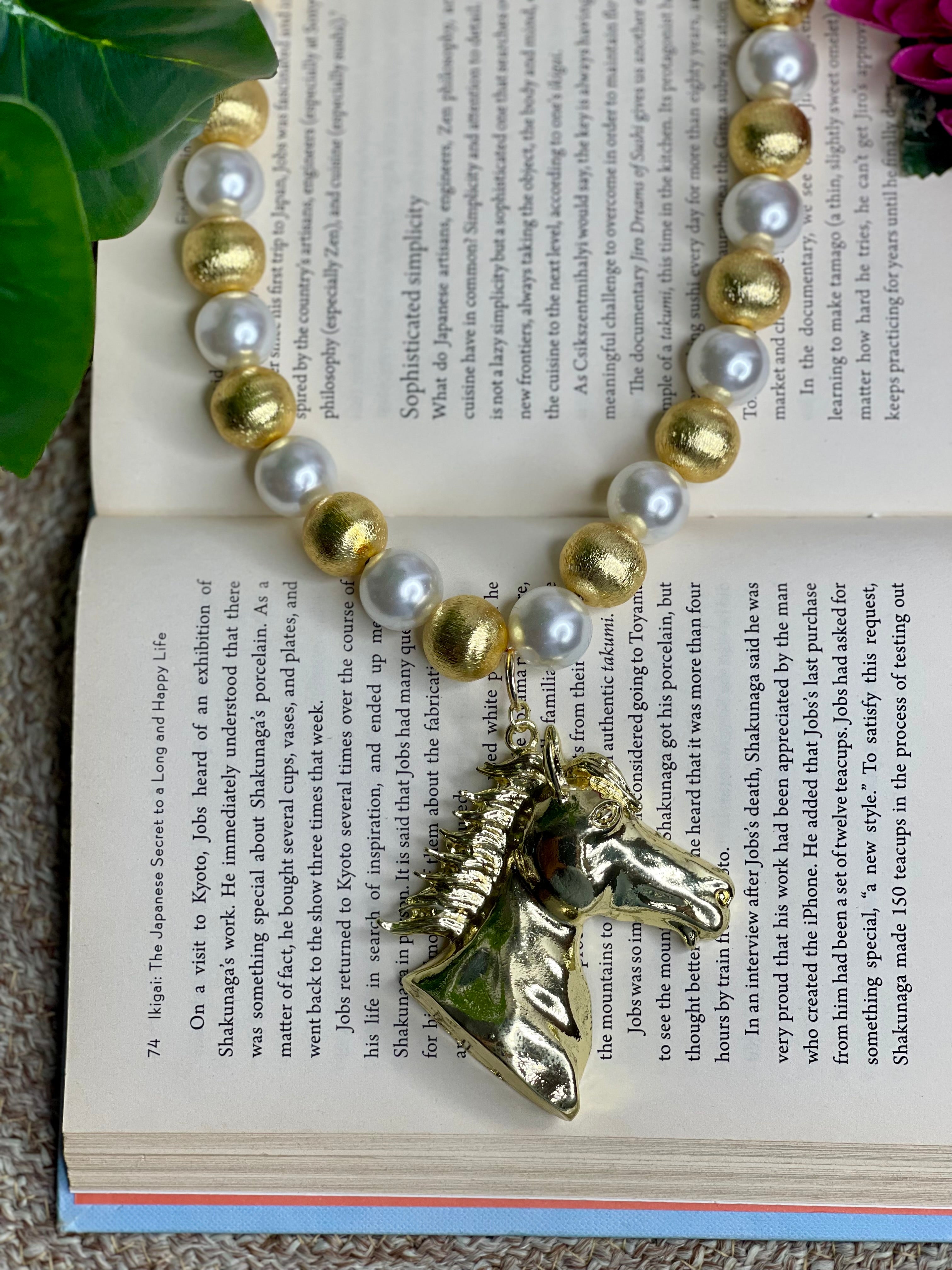 Golden Horse Pendant Pearl Necklace