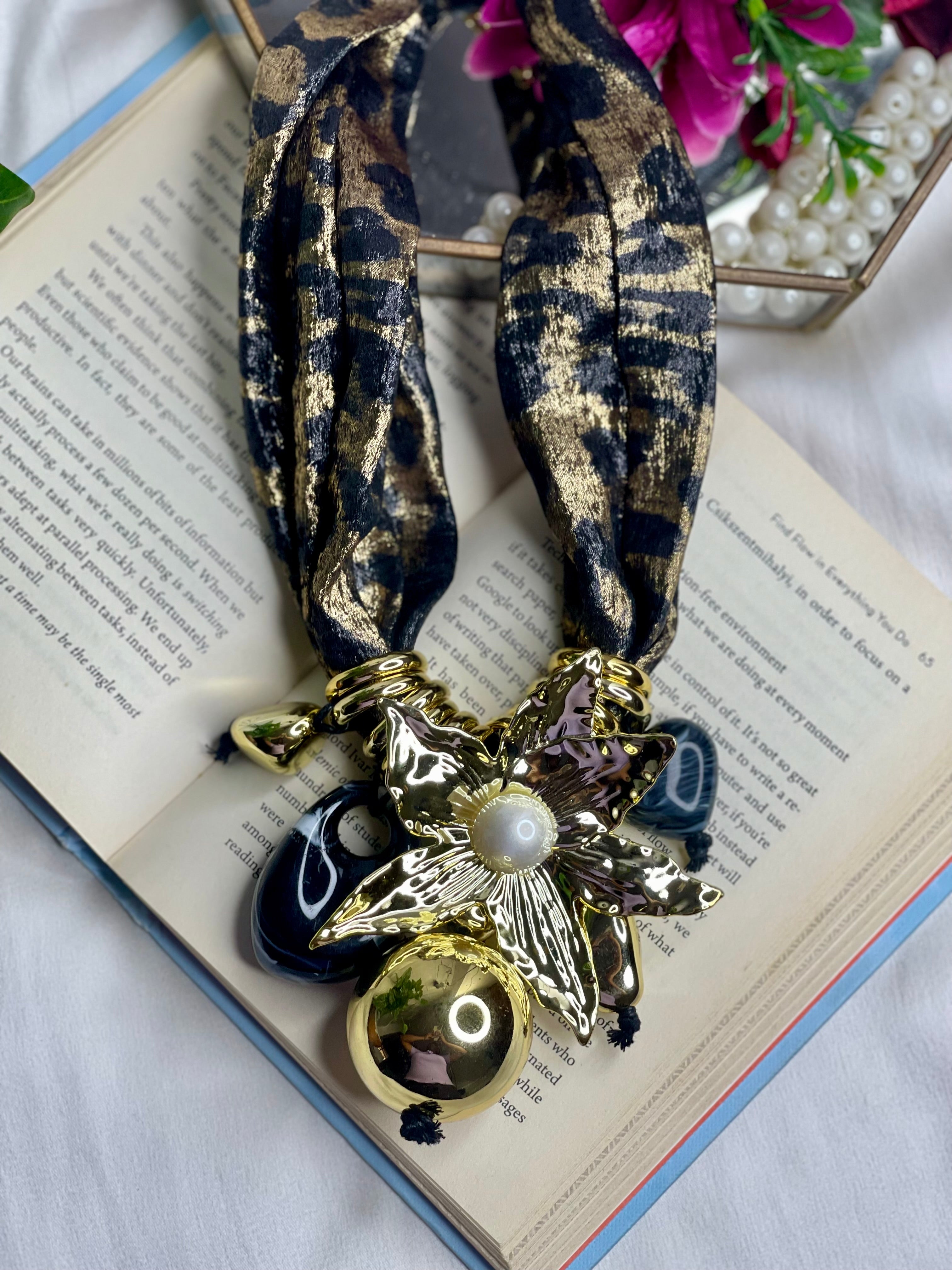 Black Floral Scarf Long Neckpiece