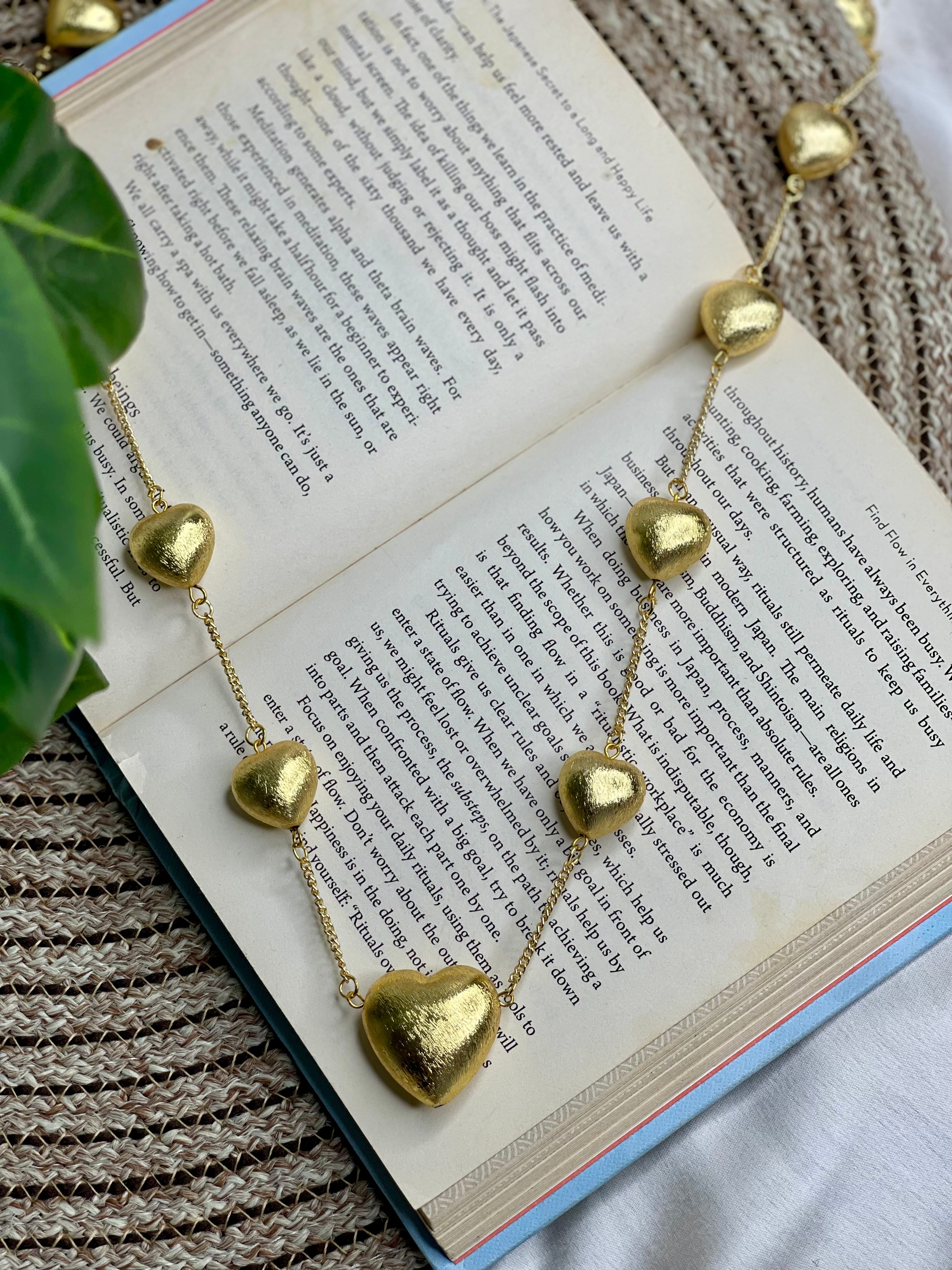 Golden Puff Heart Long Necklace