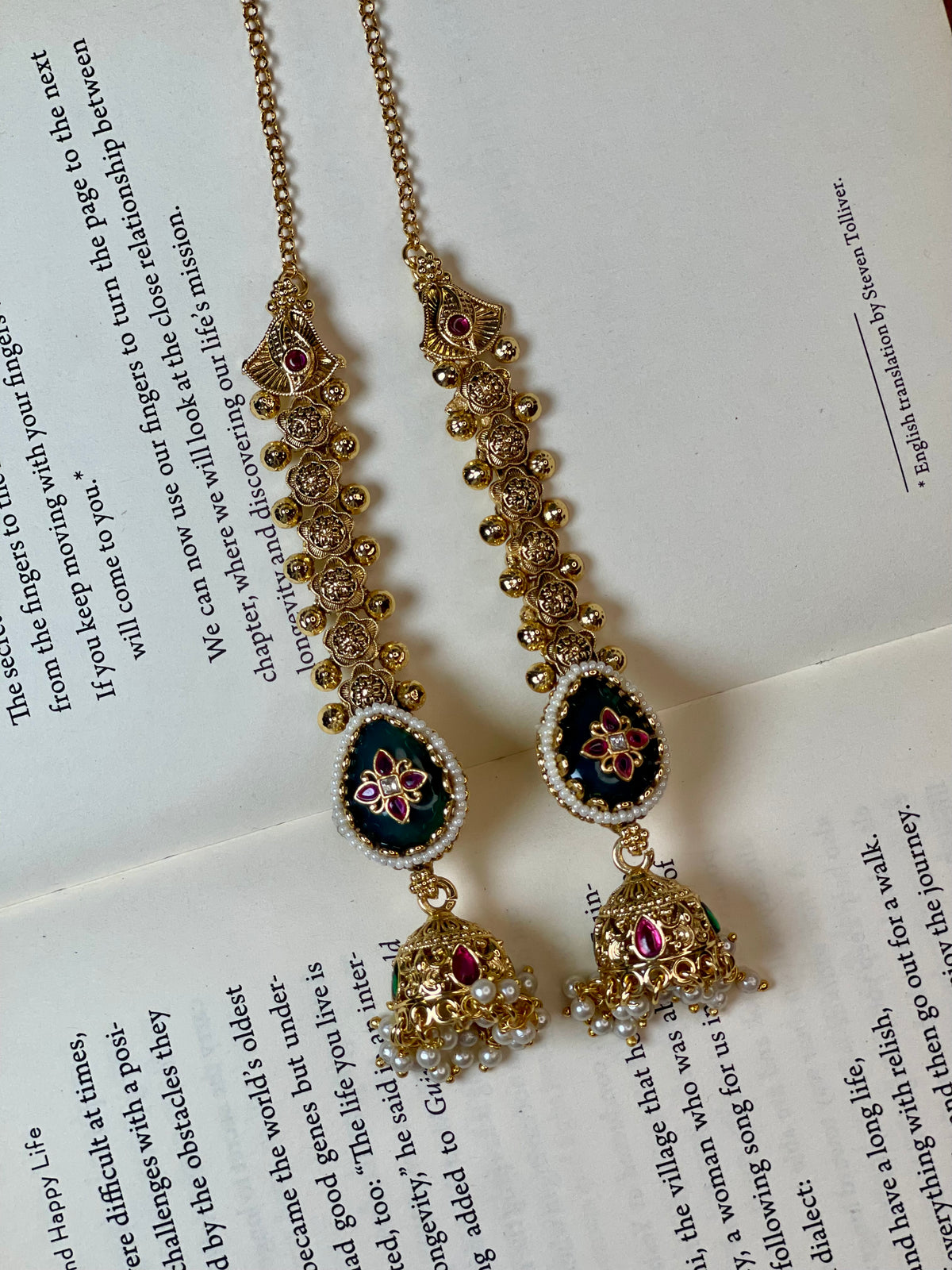 Emerald Meenakari Jhumka Long Supported Earrings
