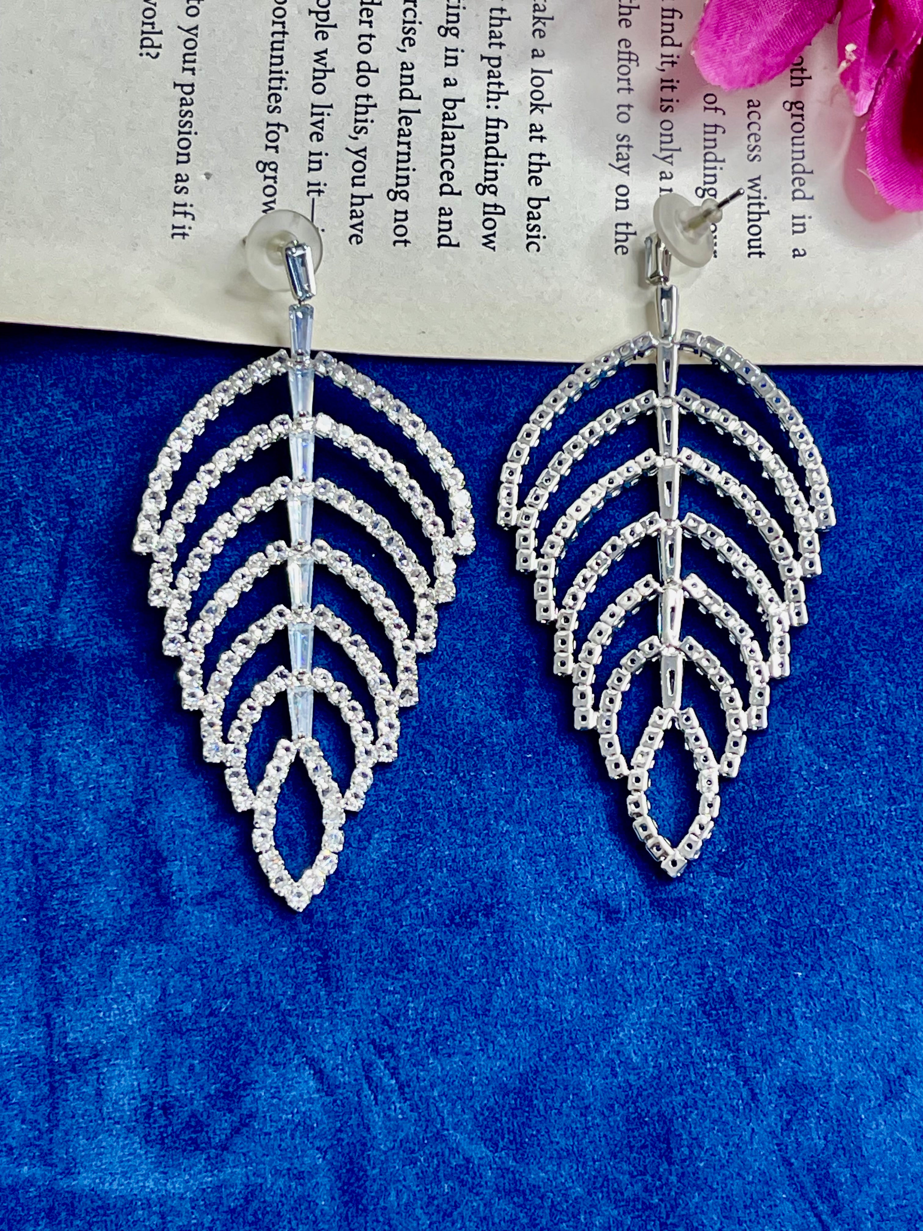 Crystal Leaf Silver Earrings