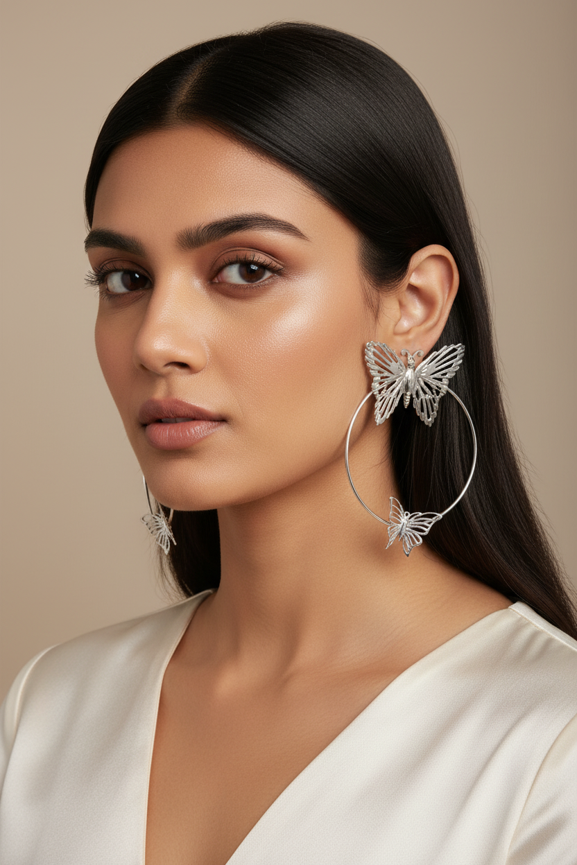 Silver Butterfly Hoop Earrings