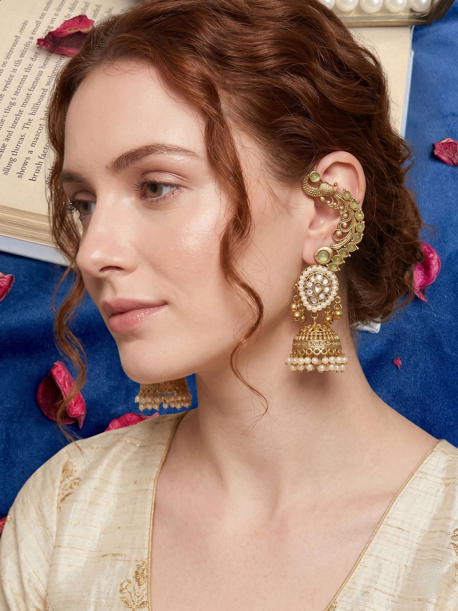 Mint Sitara Earcuff Jhumki Earrings