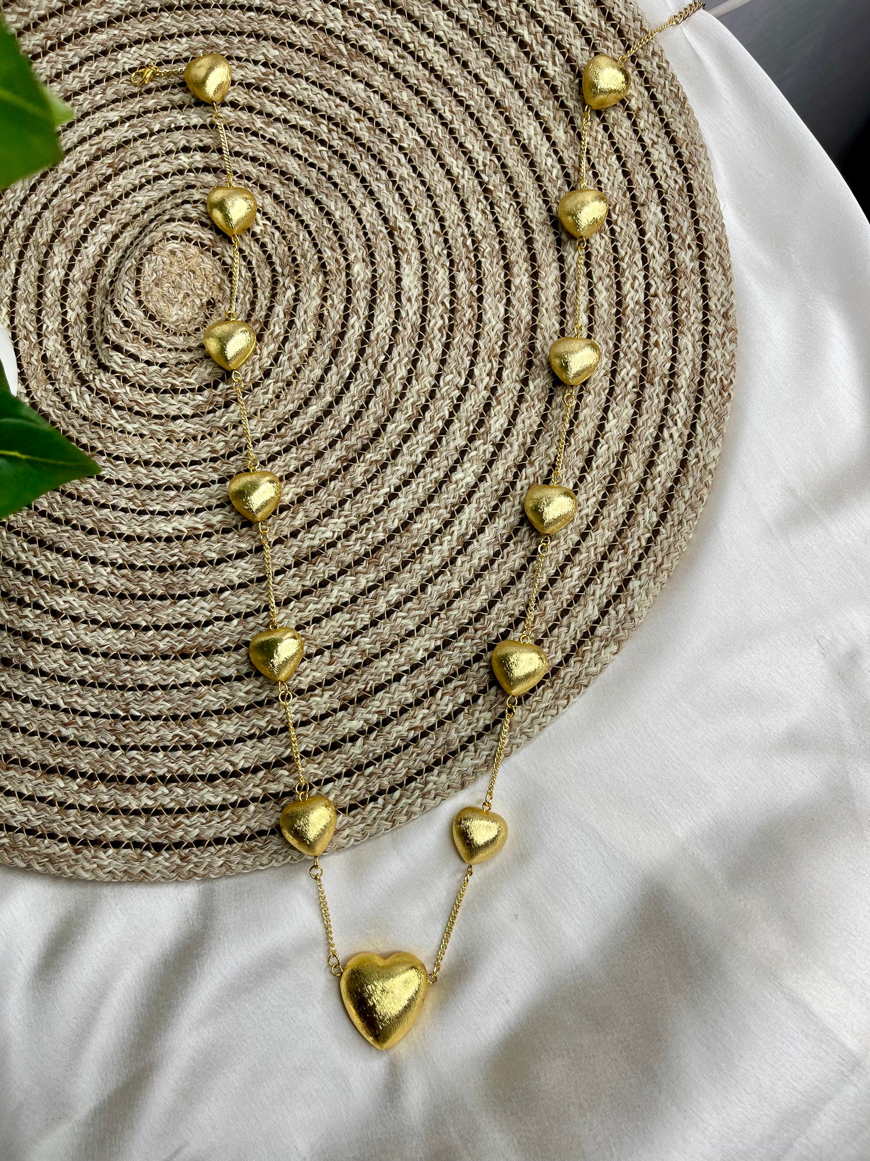 Golden Puff Heart Long Necklace