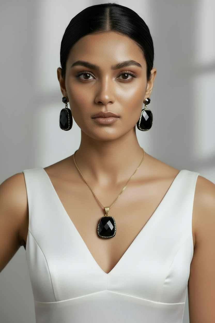 Black Gemstone Necklace Set with Ring