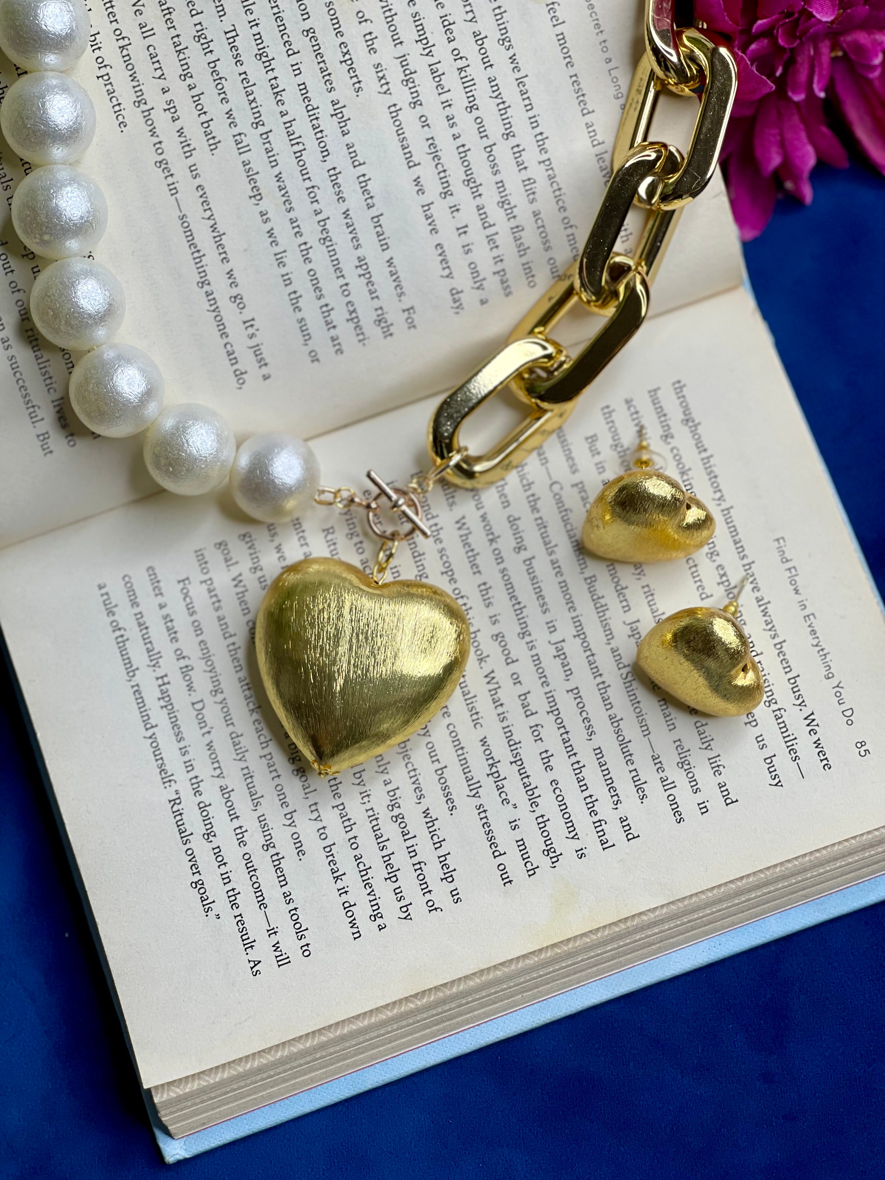 Golden Heart Pearl Statement Necklace Set