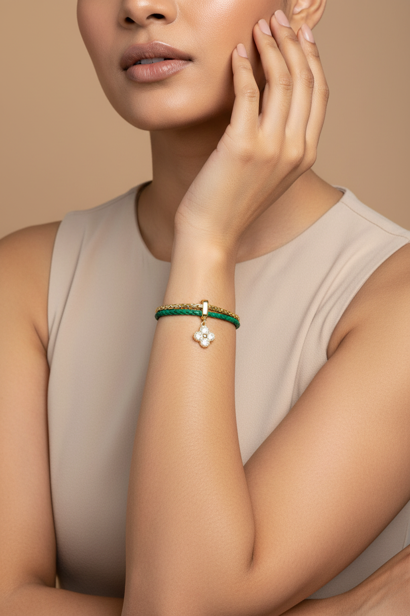Green Leather Charm Bracelet