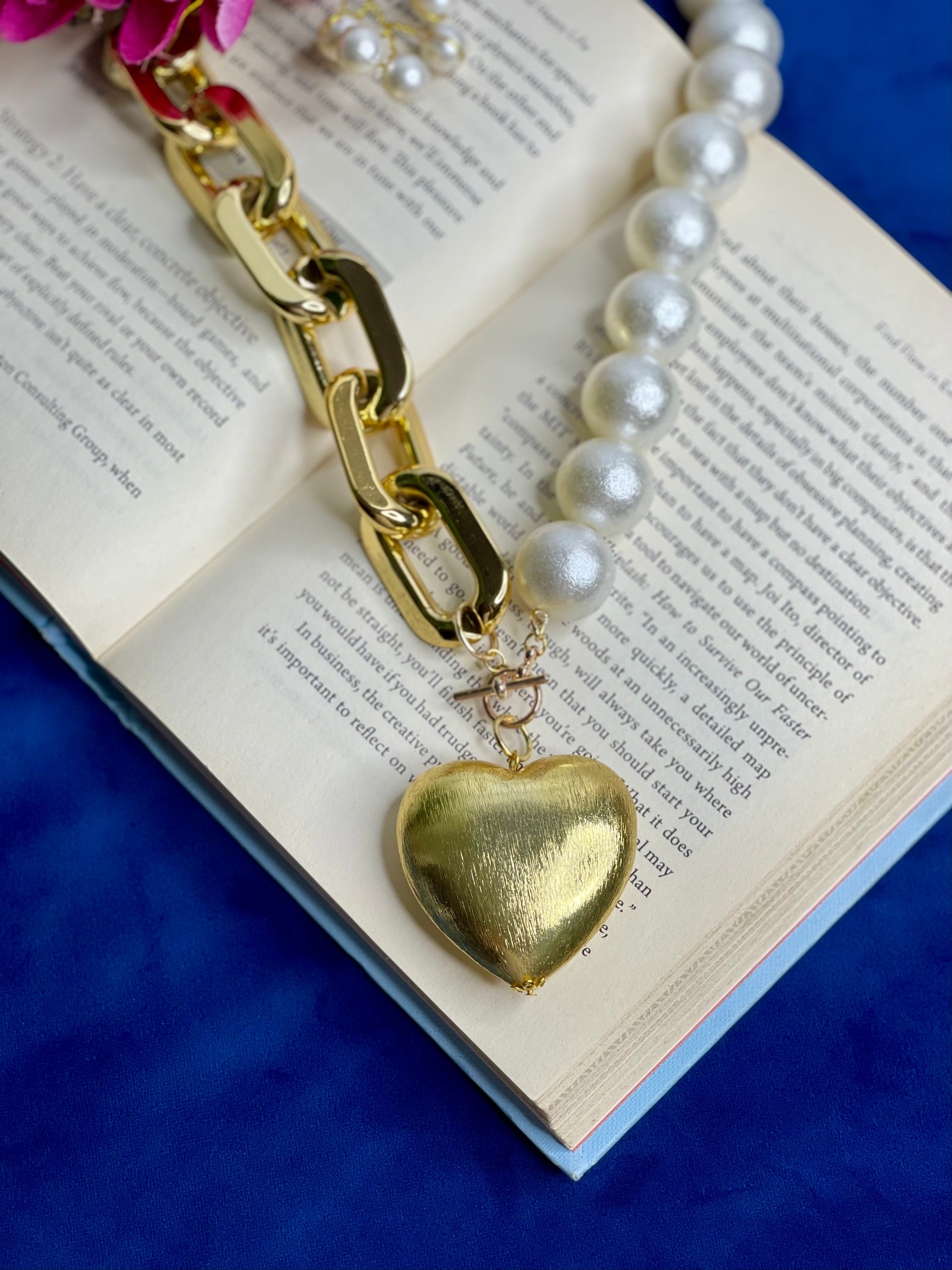 Golden Heart Pearl Statement Necklace