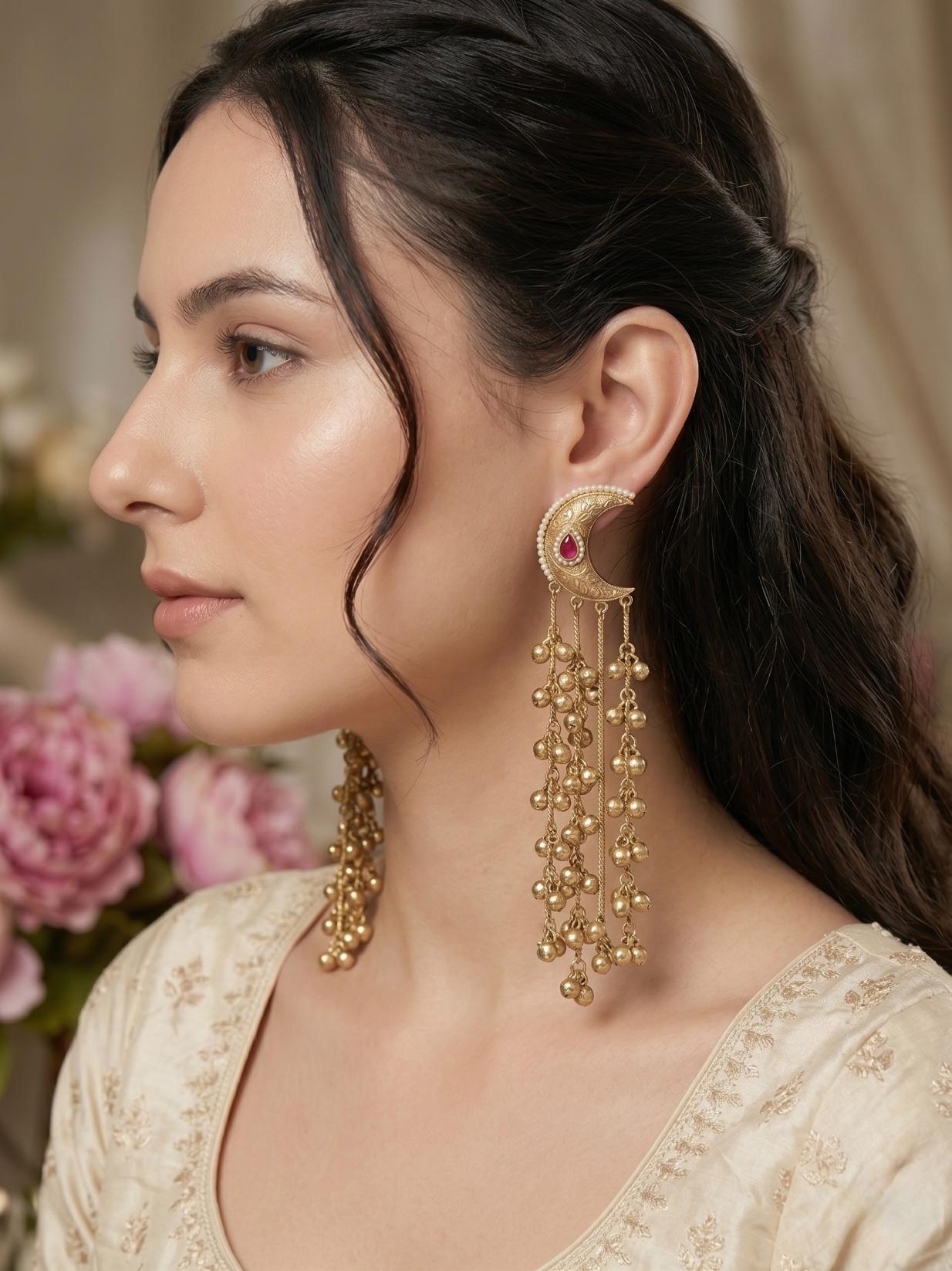 Golden Noor Chaand Kashmiri Dejhoor Earrings