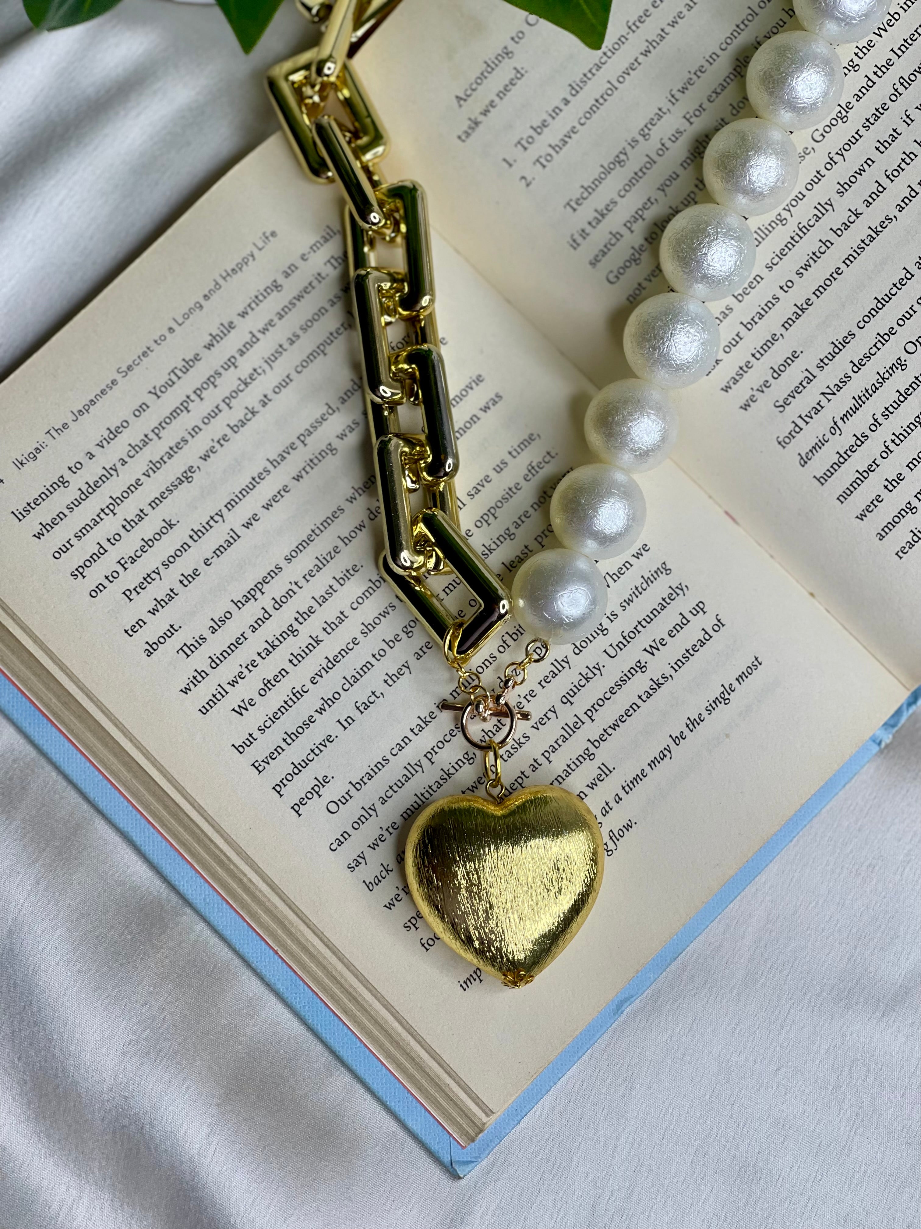 Golden Heart Pearl Statement Necklace