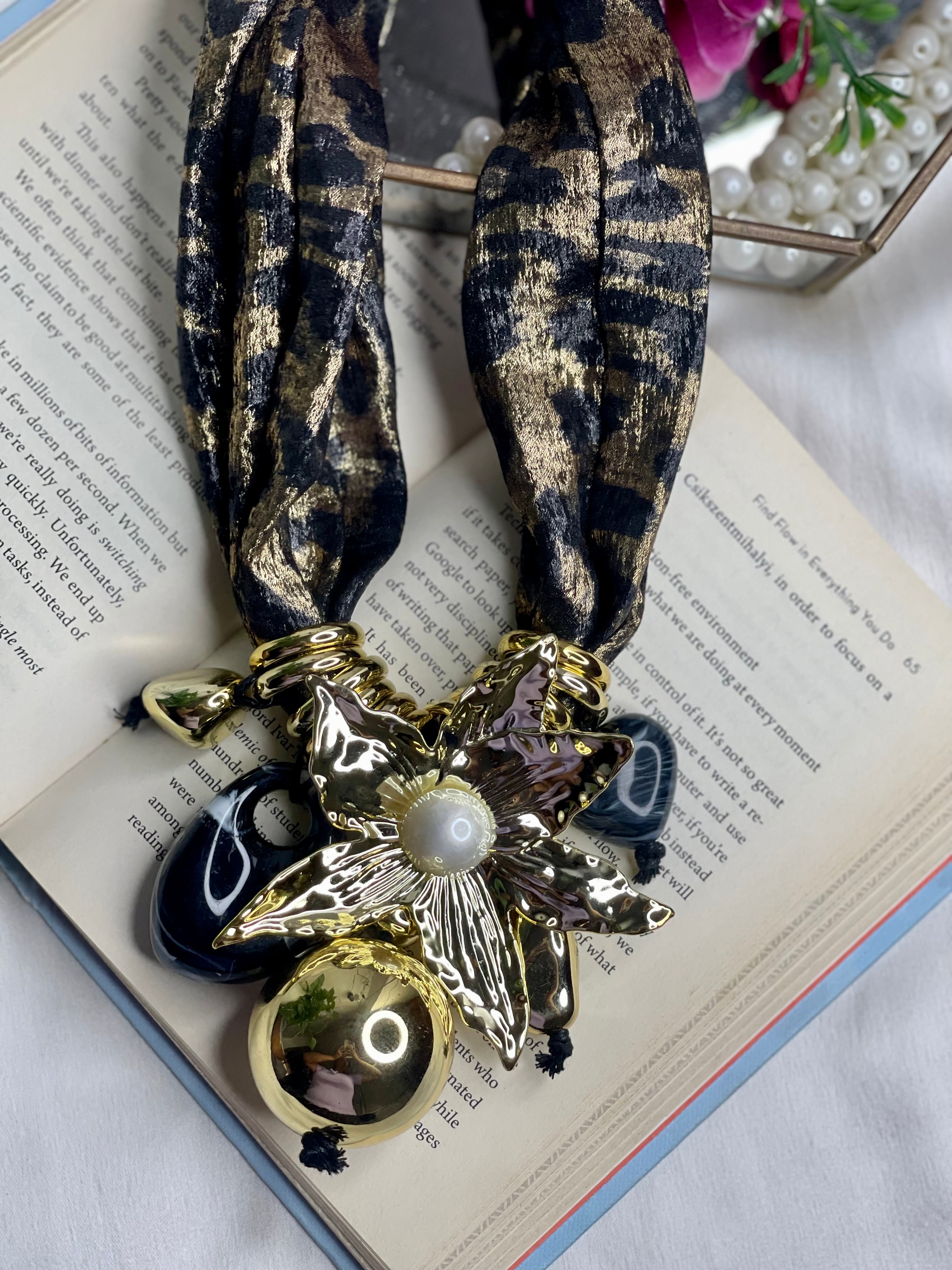 Black Floral Scarf Long Neckpiece