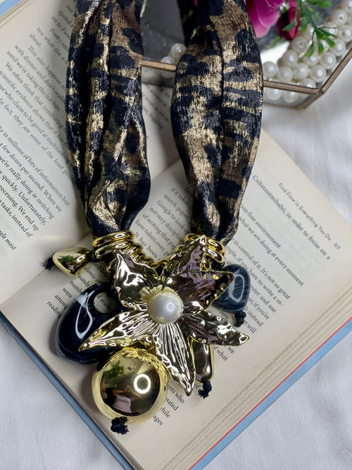 Black Floral Scarf Long Neckpiece