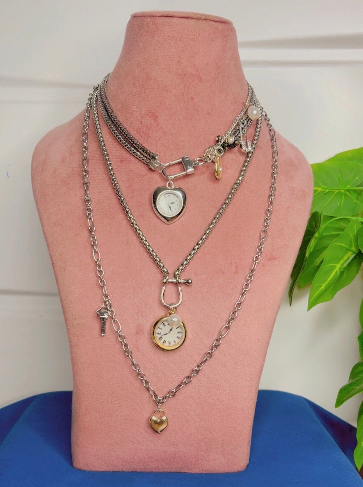 Vintage Clock Charm Layered Necklace