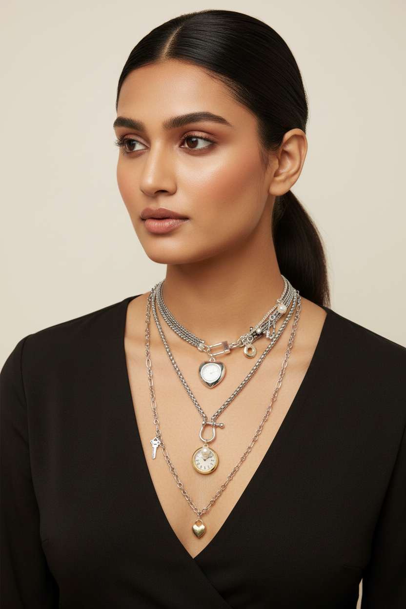 Vintage Clock Charm Layered Necklace
