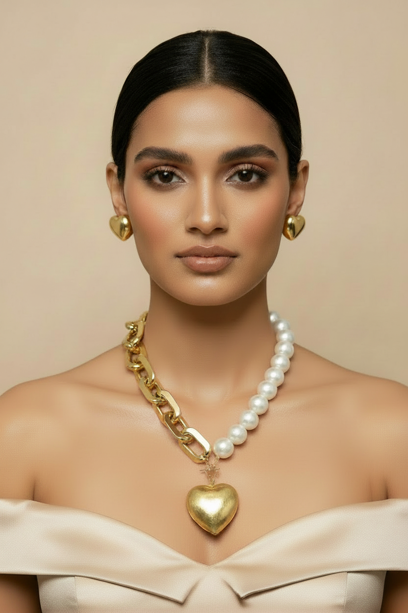 Golden Heart Pearl Statement Necklace Set