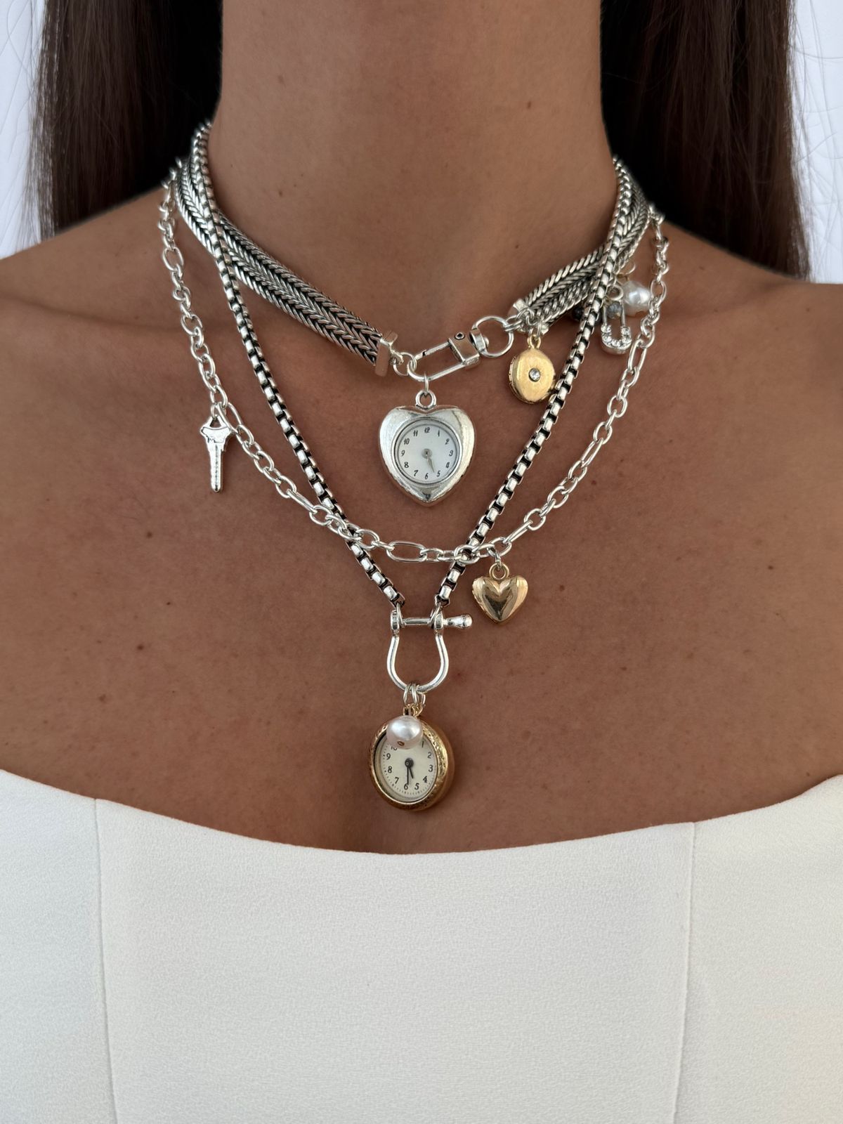 Vintage Clock Charm Layered Necklace