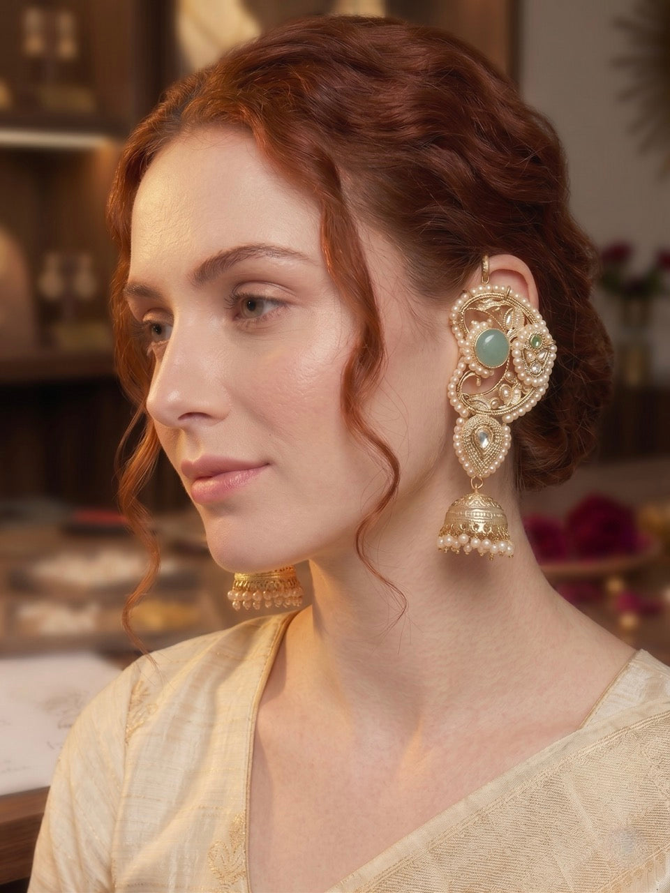 Mint Noor Earcuff Jhumki Earrings