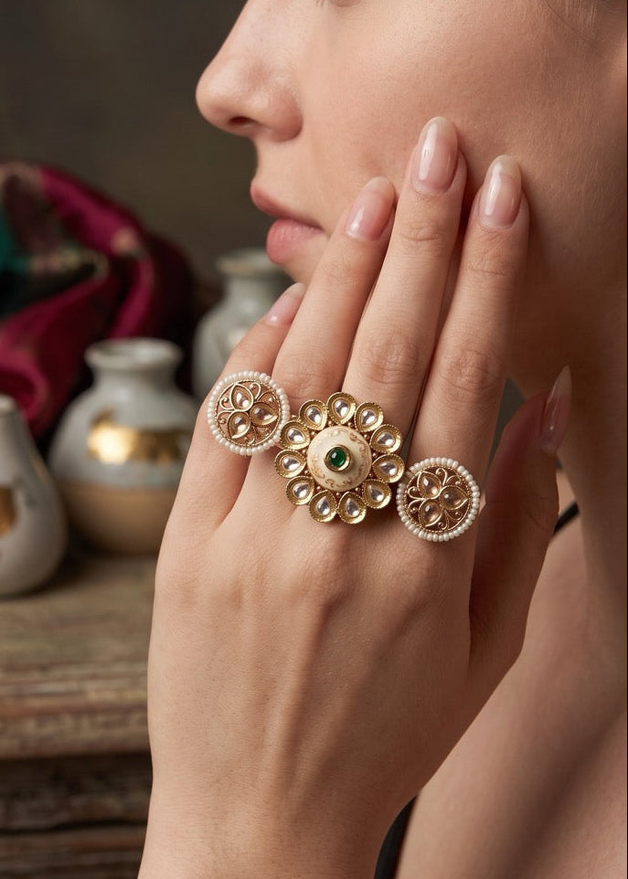 Gold  Rajwadi Statement Two Finger Ring