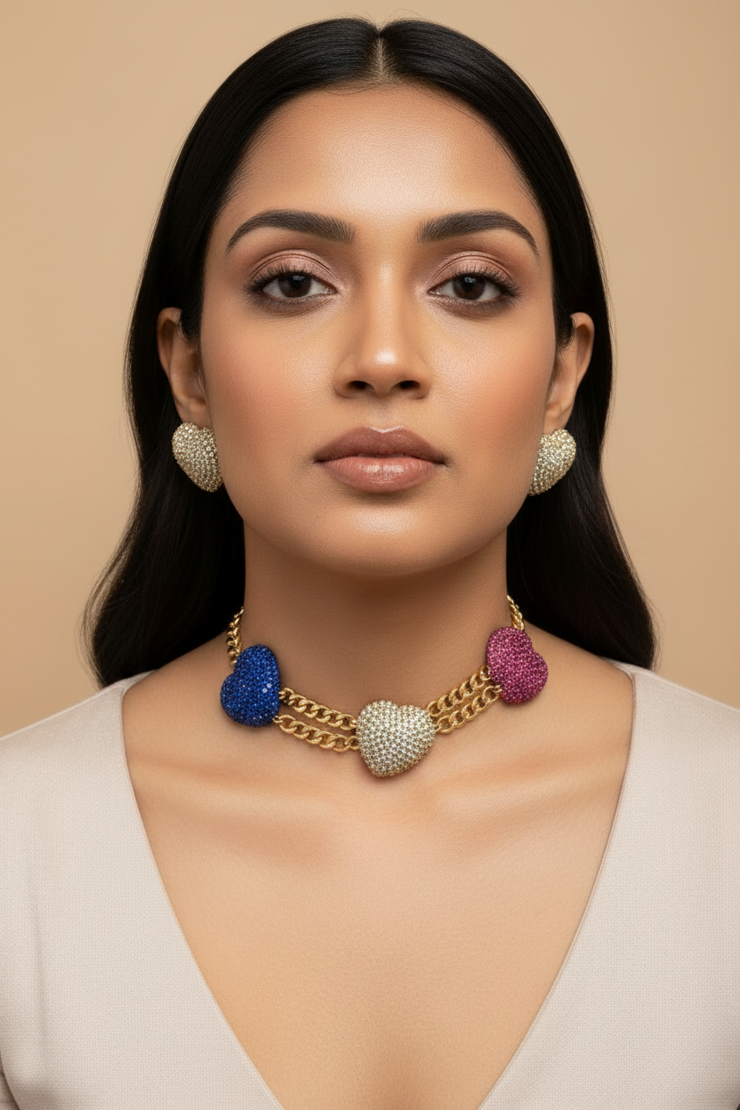 Tricolor Heart Choker Set with Earrings