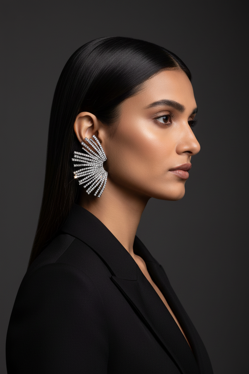 Silver Fan Crystal Earrings