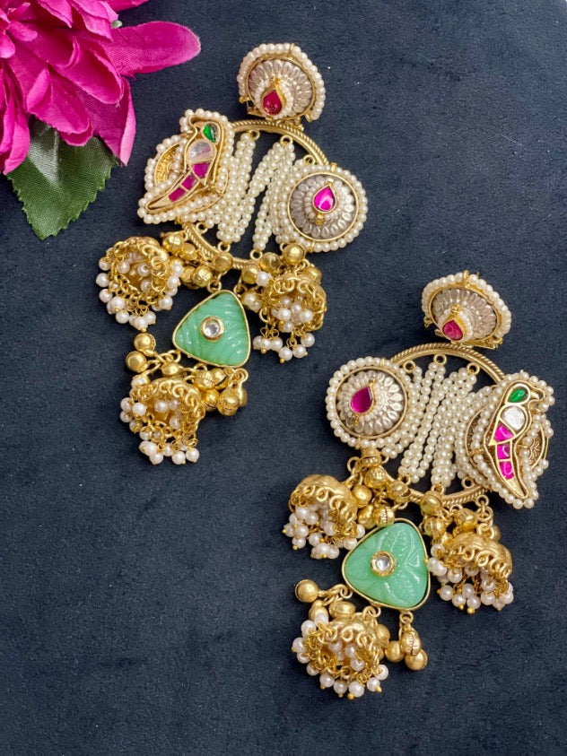Jhol Mint Kundan Jhumka Earrings