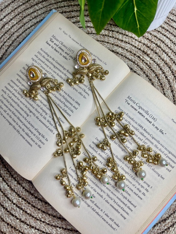 Yellow Mehfil Ghungroo Pearl Long Kashmiri Earrings