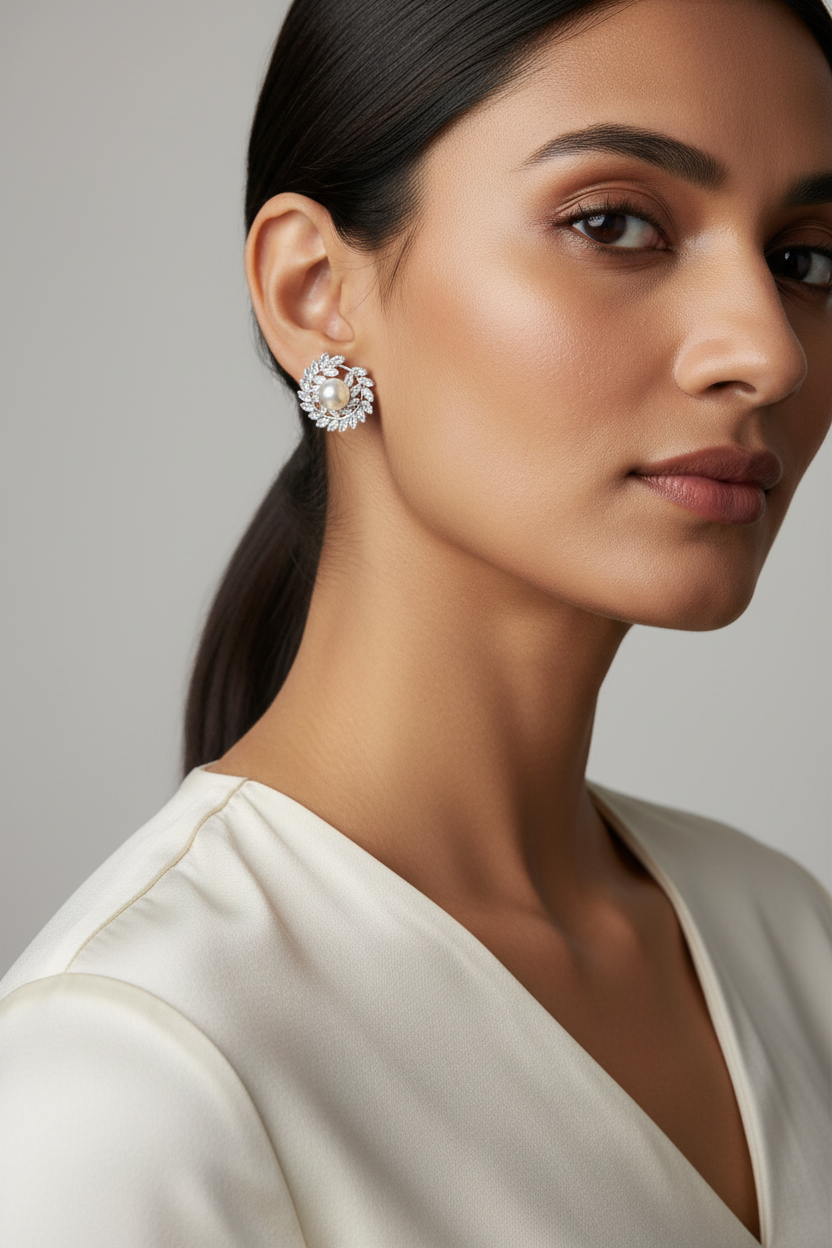Silver Pearl Ivy Stud Earrings
