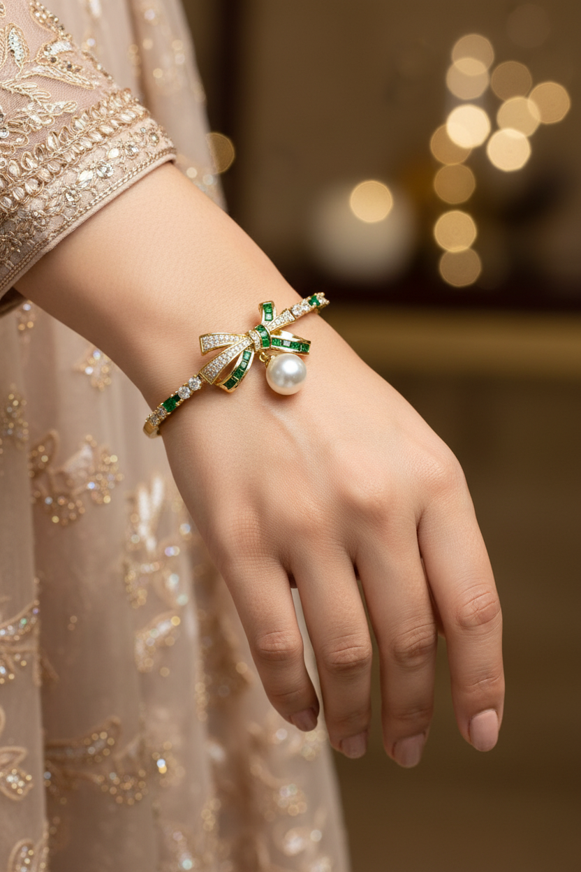 Emerald Pearl Bow Bracelet