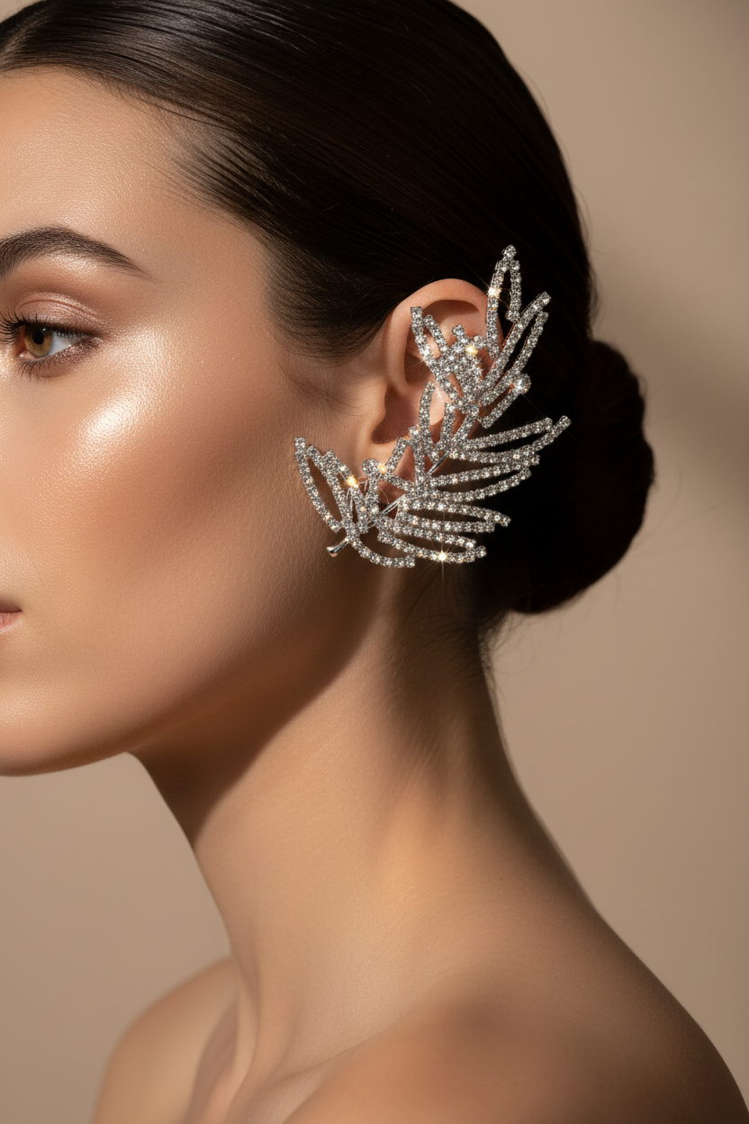 Silver Crystal Fern Earcuff