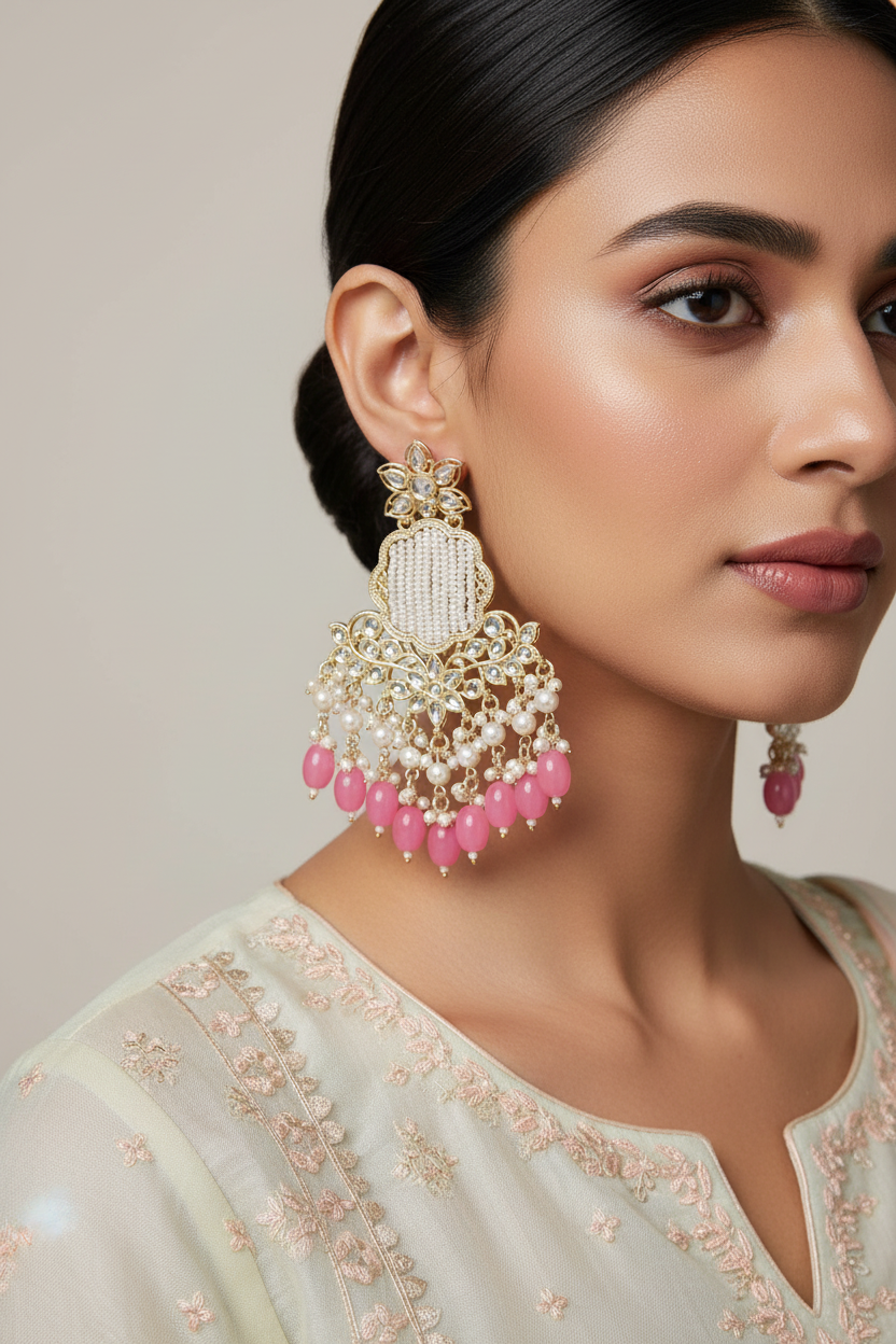 Pink Pearl kundan Juhi earring