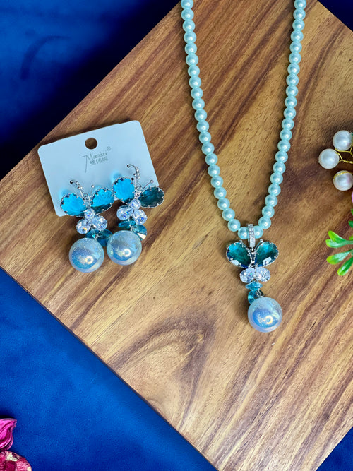 Blue Butterfly Pearl Necklace Set