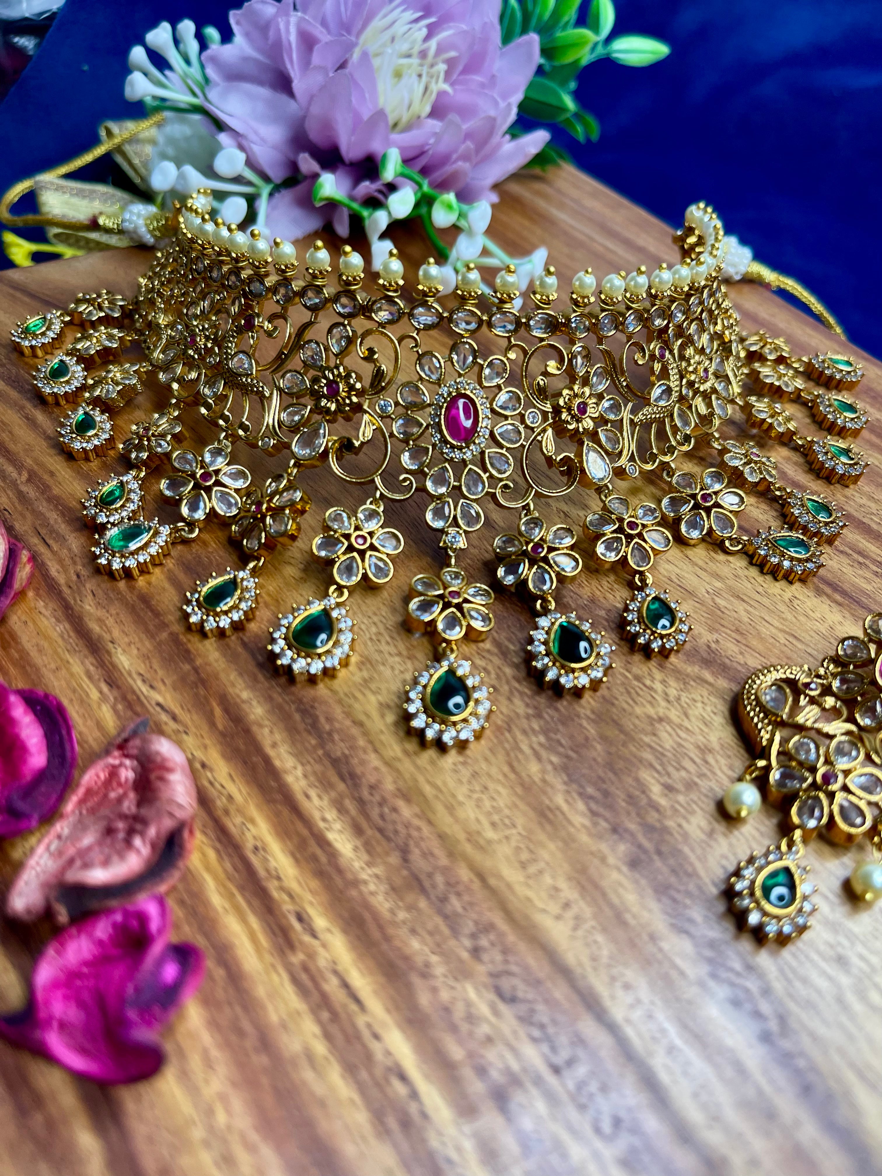 Gold Floral Kundan Pearl Choker