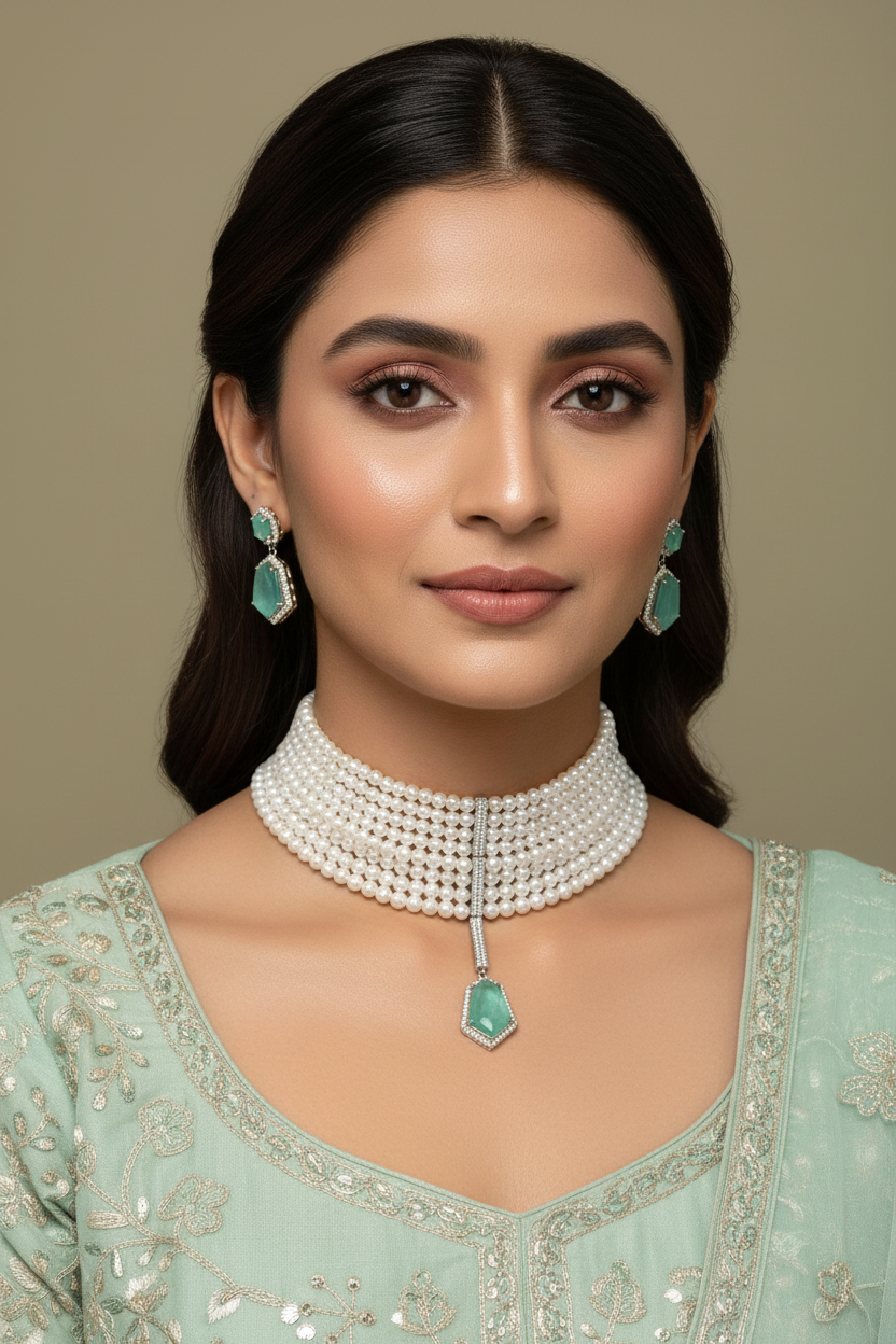 Mint Multi-Layer Pearl Drop Necklace Set