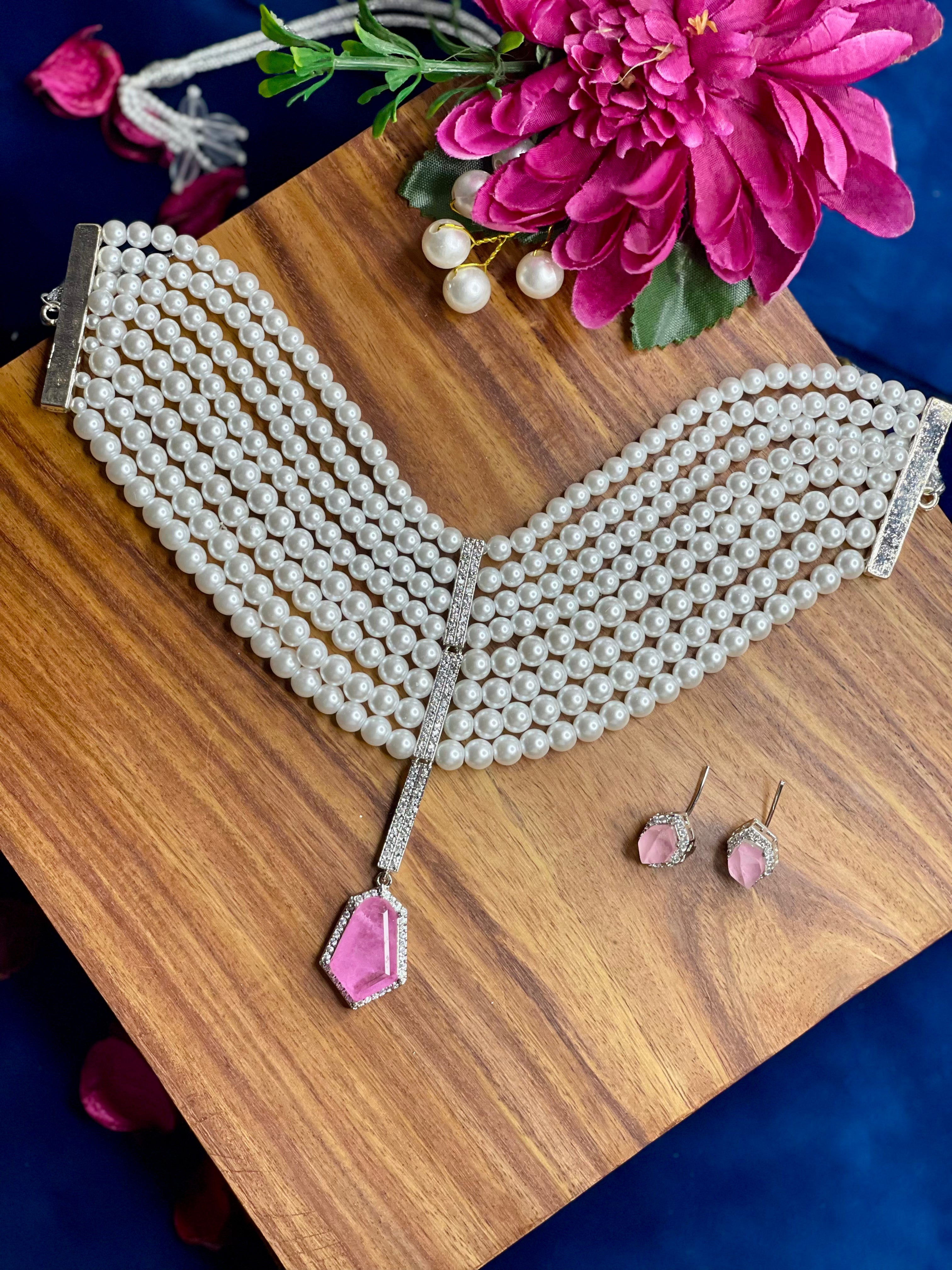 Pink Multi-Layer Pearl Drop Necklace Set